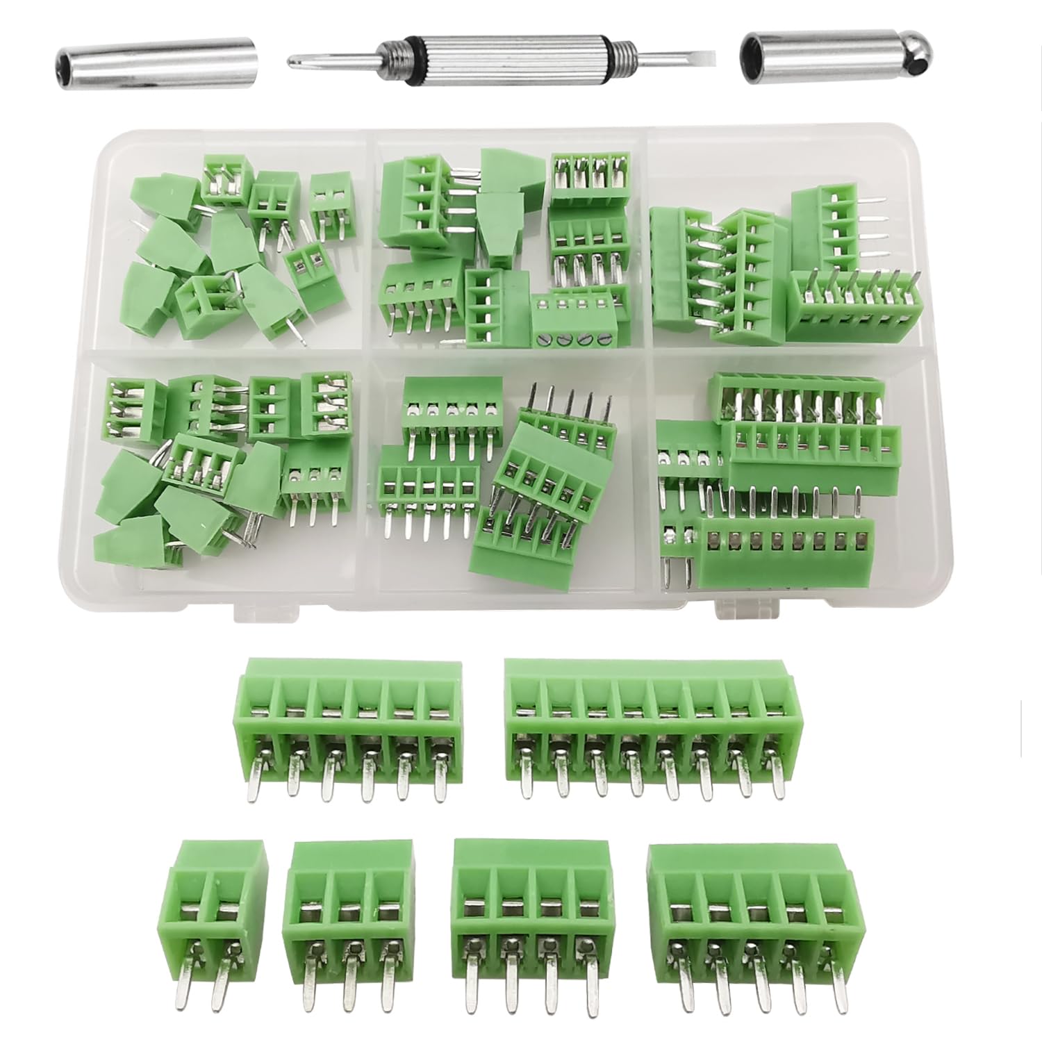 45Pcs 2.54mm 0.1" Pitch Mini PCB Mount Screw Terminal Block Connector 2P 3P 4P 5P 6P 8P Terminals 150V 6A Compatible 26-18AWG Cable for Arduino and Home Electronics Projects