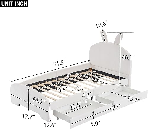 Miniatura 2 de Harper & Bright Designs Twin Size Upholstered Bed with Drawers and Cartoon Ears Shaped Headboard, Chenille Platform Bed Wood Frame, No Box Spring