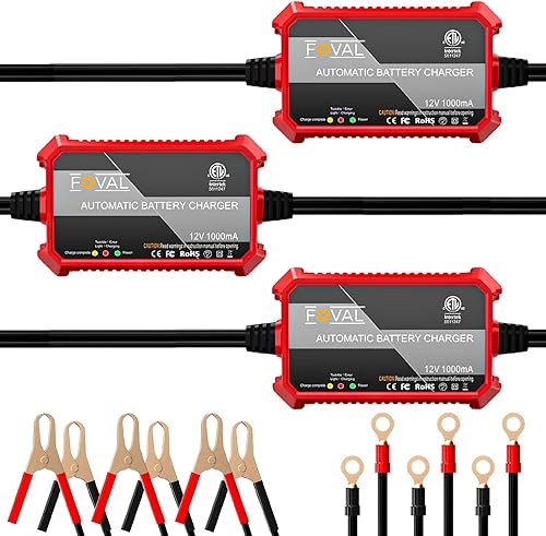 Paquete de 3 Cargador de batería de automóvil de 1000 mA, cargador de batería FOVAL de 12 V totalmente automotriz, cargador de goteo, cargador de