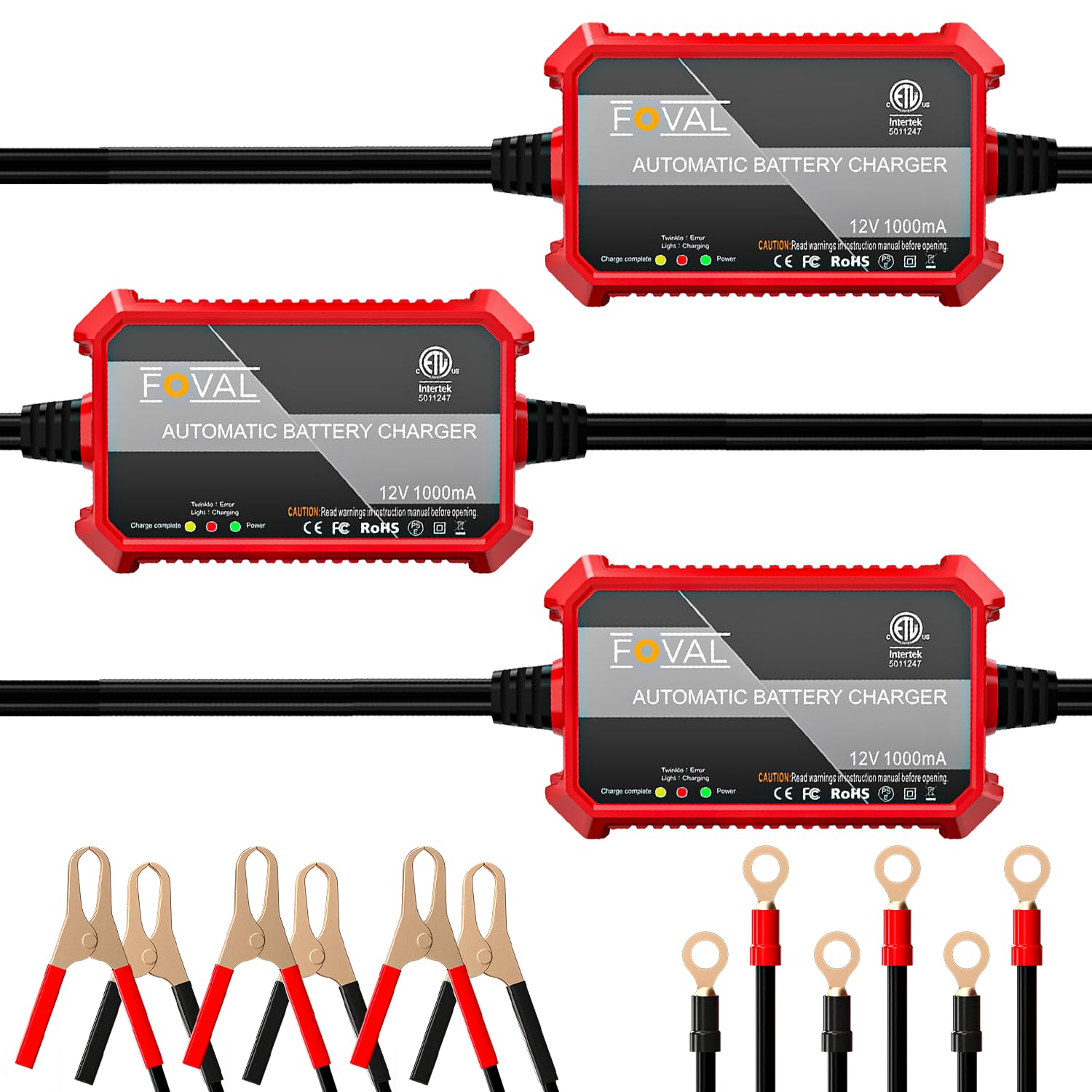 Photo 1 of [3-Pack] 1000mA Car Battery Charger, FOVAL 12V Fully Automotive Battery Charger Maintainer, Trickle Charger, Float Charger and Desulfator for Motorcycle, ATV Car Lawn Mower and Lead Acid Batteries