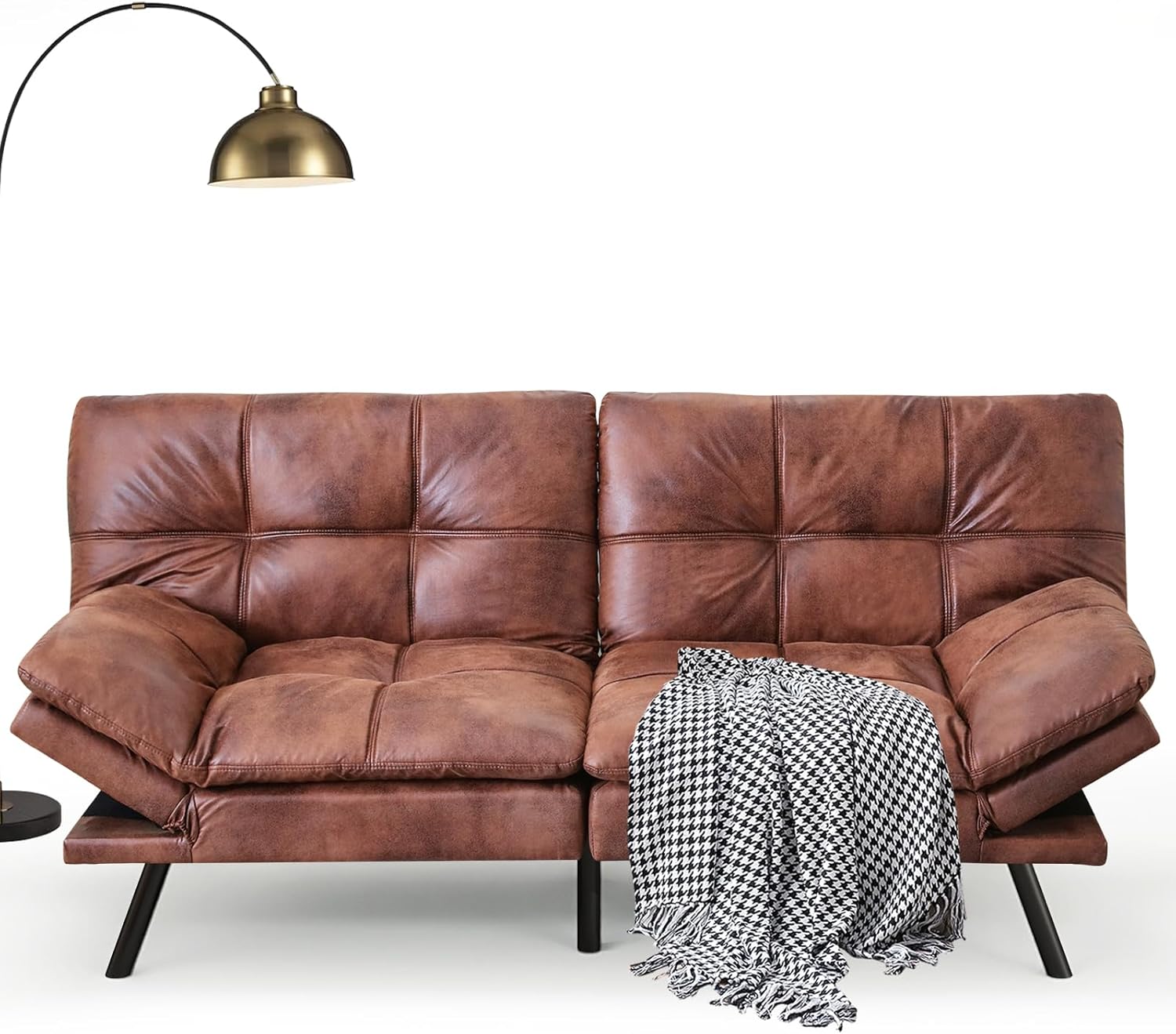 Opoiar Faux Leather Sleeper Sofa,Memory Foam Futon Sofa Bed,Foldable Couch Sleeper,Compact Sofa Padded with Metal Legs, Modern Convertible Loveseat Sofa for Living Room,Apartment,Studio,Brown