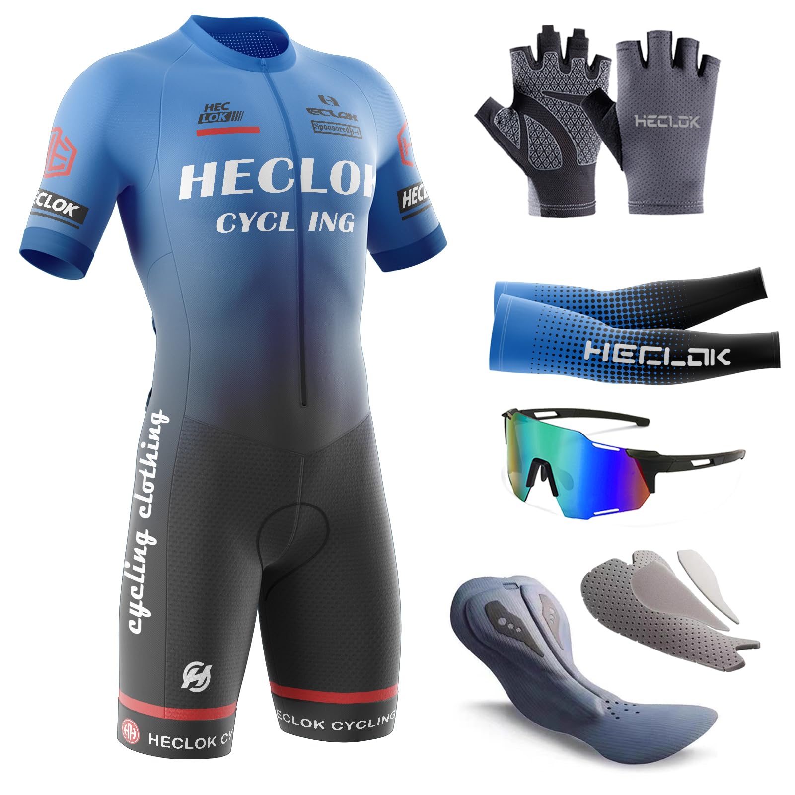 HECLOK Men's Cycling Skinsuit，One Piece Trisuit Bike Jumpsuit,Competition-Grade Handmade high-Density Sponge Padded，MTB Triathlon，Quick Dry Triathlon Suit，Short Sleeve One Piece Bodysuit (TYP-9,M)