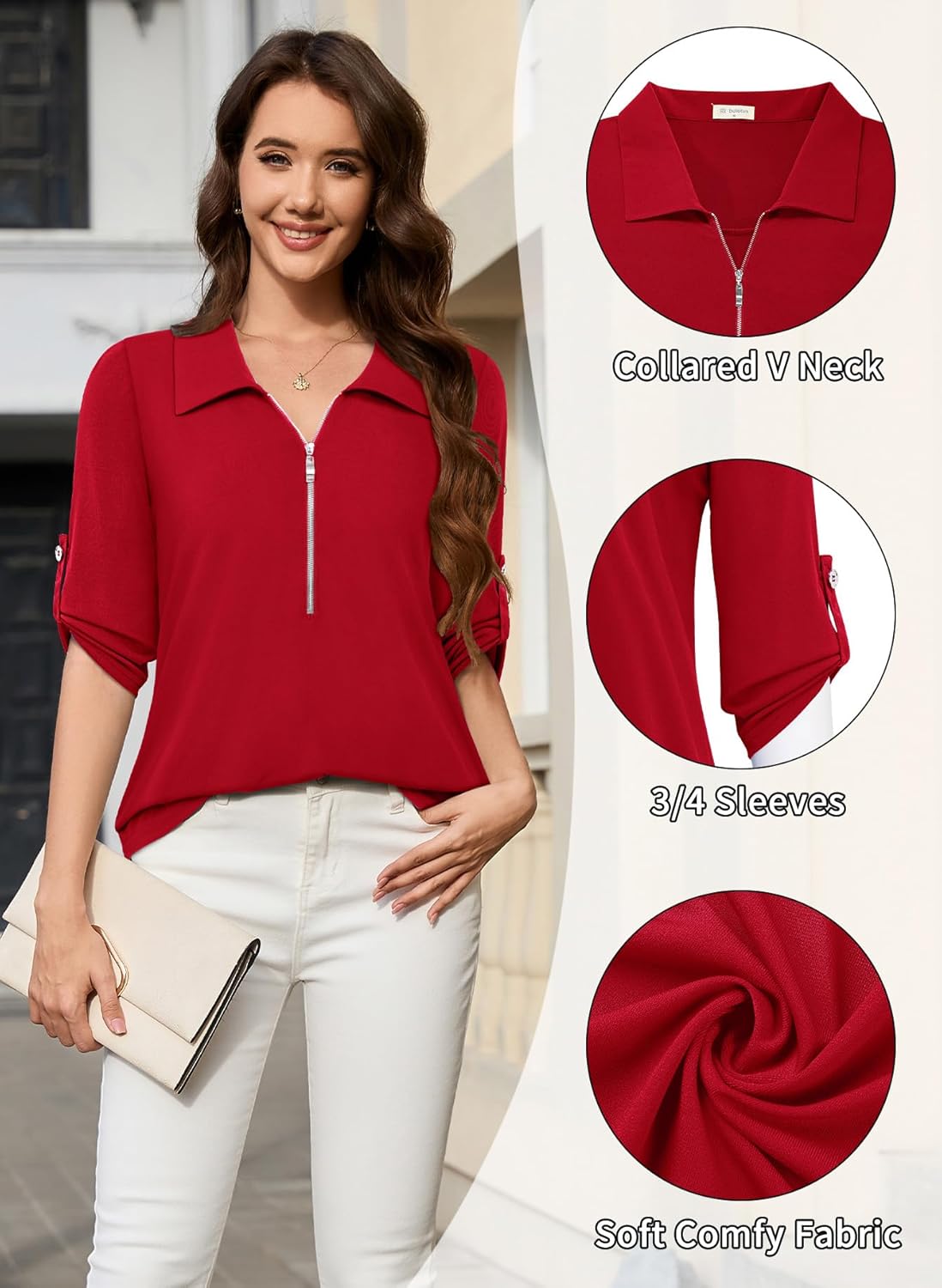 Bulotus Womens 3/4 Sleeve Tops Dressy Casual Shirts Work Business Zipper Blouses Collared Long Tunic 2026 Spring Summer - Image 5