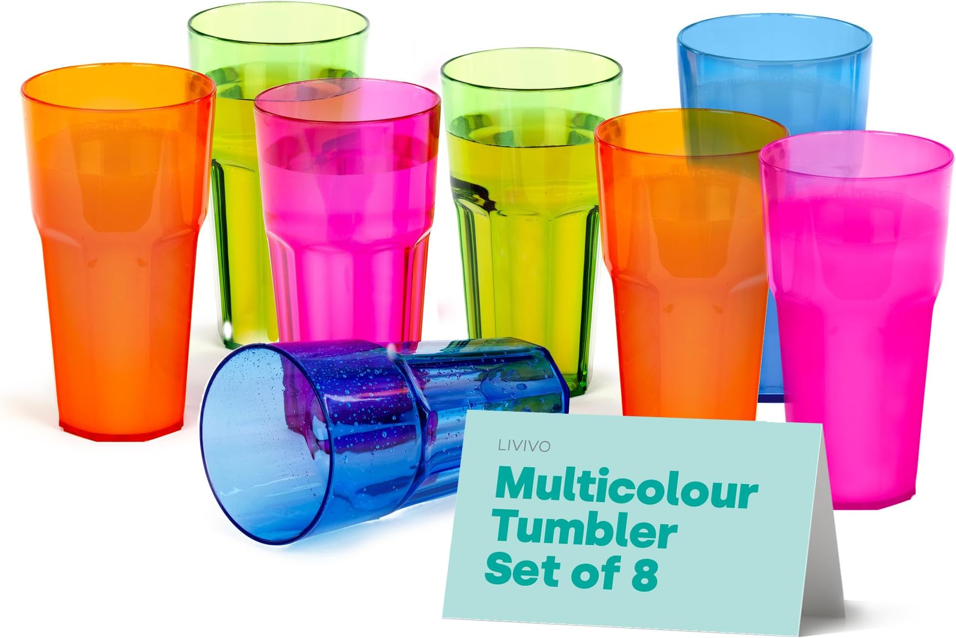 LIVIVO Set of 8 Plastic Tumblers - 600ml Plastic Cups Reusable, Stackable Design, BPA Free, Unbreakable Plastic Glasses - Clear Drinking Tumblers Adults and Kids - Ideal for Picnic, Camping and Party