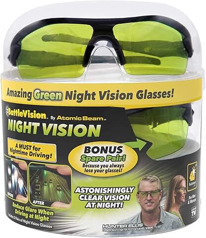 BattleVision Night Vision Glasses 2 Pairs by BulbHead - Amazing Night Driving Glasses Protect Eyes From Blinding Headlight Glare - Green Lenses Enhance Clarity - Flexible Frames