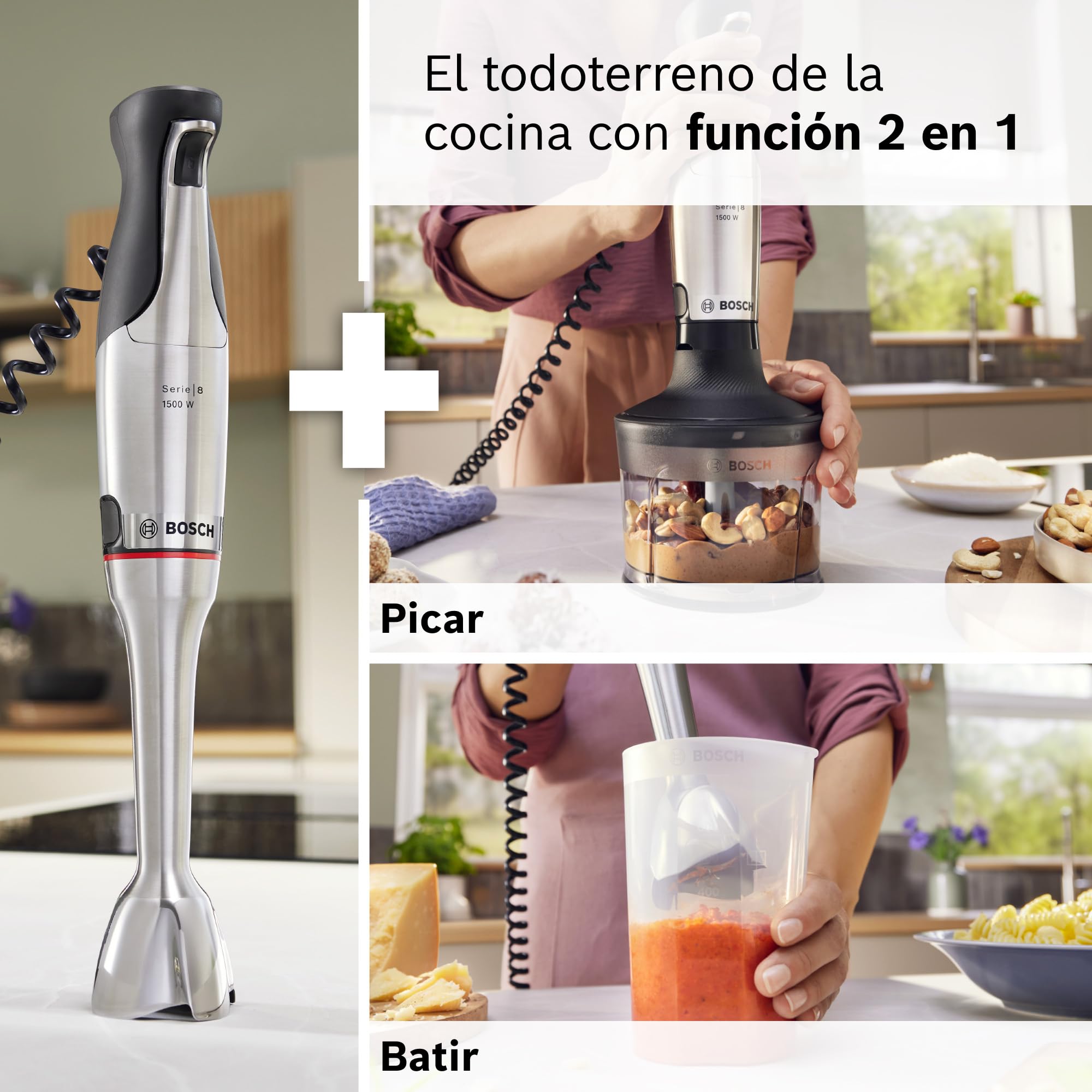 Bosch - Batidora de mano, serie ErgoMaster 8, motor de 1.500 vatios, ajuste intuitivo de la velocidad, cuchilla de 6 hojas, accesorios incluidos, acero inoxidable, MSM8M930