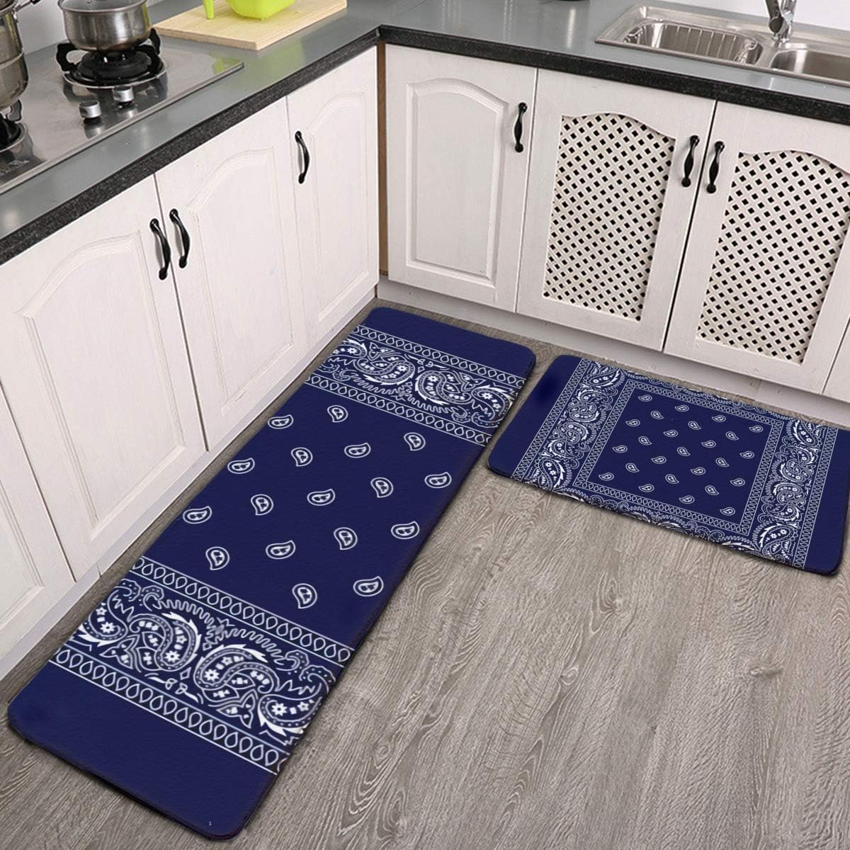 2 Pcs Kitchen Rug Set, Bandana Navy Blue Southwestern Non-Slip Kitchen Mats and Rugs Soft Flannel Non-Slip Area Runner Rugs Washable Durable Doormat Carpet OneSize