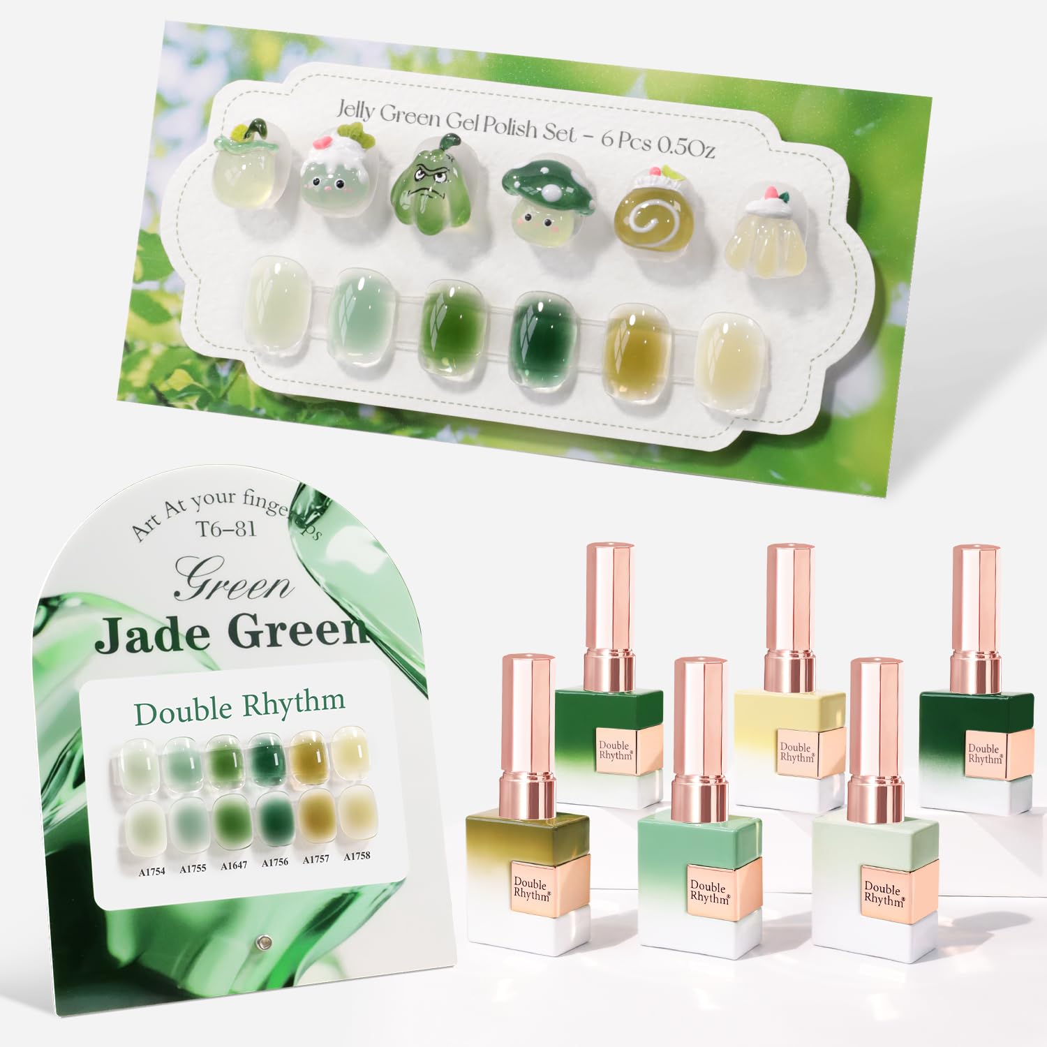 Double Rhythm 6 Pcs 15 ML Gel Polish Set Same Color Same Bottle Soak Off Gel Polish Kit Nail Art Manicure Salon DIY at Home for Women (Jelly Milky Light Green Olive Teal-T6-81)