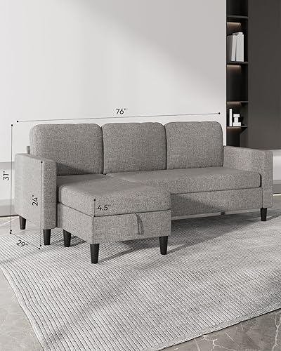 Miniatura 2 de Sofá modular en forma de L de 76 pulgadas, moderno sofá de 3 plazas con otomana de almacenamiento, sofás seccionales convertibles de lino en forma