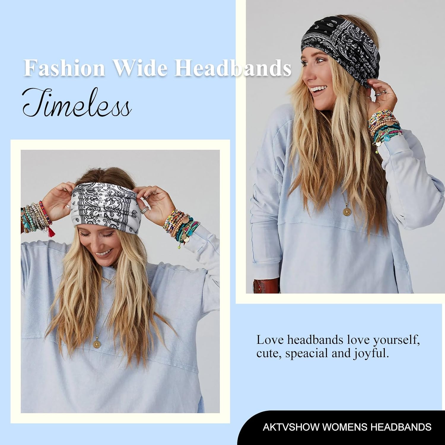 AKTVSHOW 7'' Wide Bandana Headbands for Women, Fashion Paisley Turban Headbands for Thick Hair Non Slip Womens Large Cloth Hairbands Fabric Hair Scarves Headwrap Boho Accessories