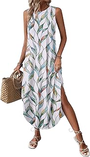 Women Floral Summer Dress Casual Beach Dress Printed Tank Dress with Pockets Pleated Front Long Dress - Buy now