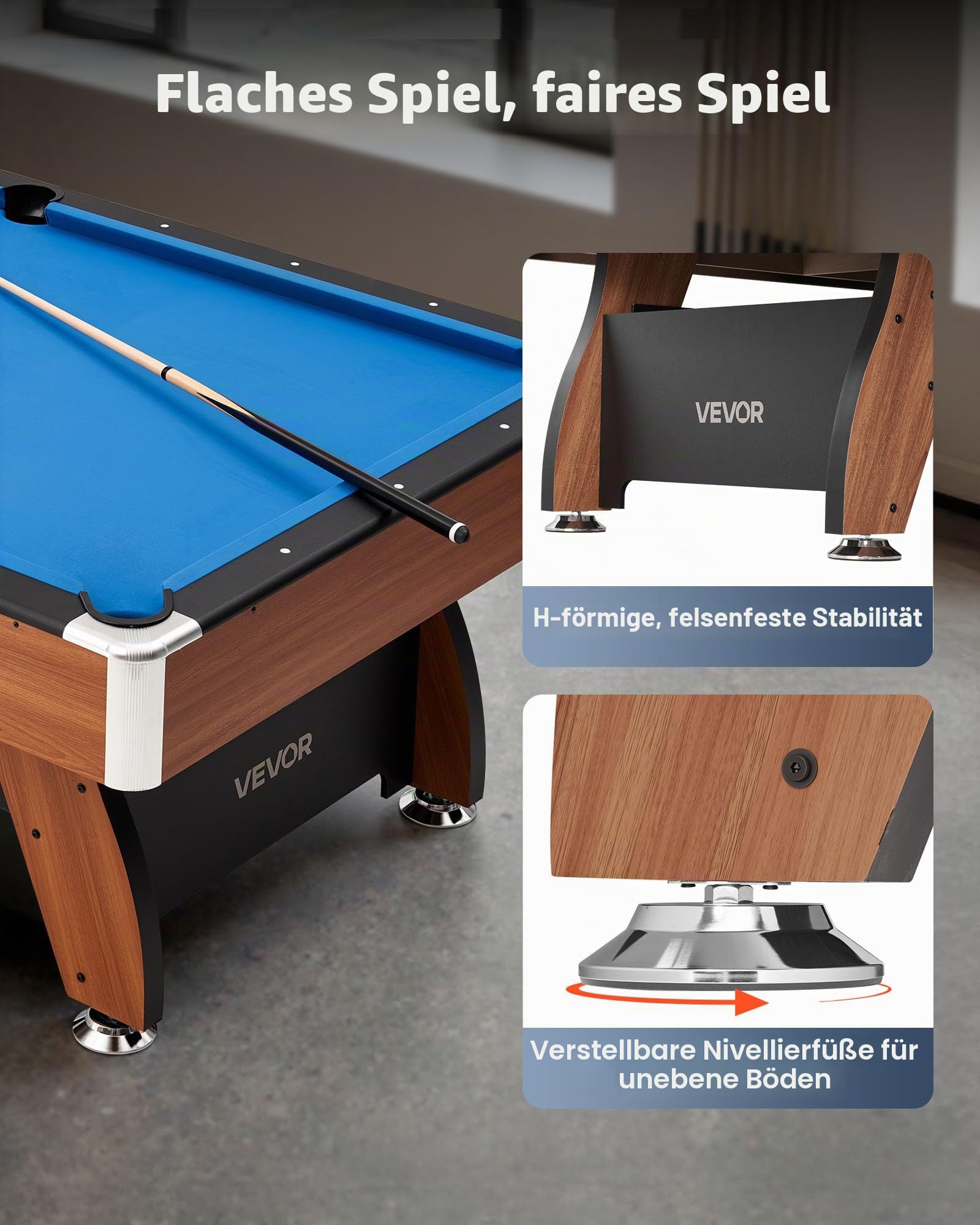 VEVOR Billardtisch 244 cm mit Holzoberfläche, moderner Spieltisch mit verstellbaren Füßen, komplettes Set inkl. Bällen/Queues/Ständer/Kreide/Bürste, für Spielzimmer Freizeiträume Blau