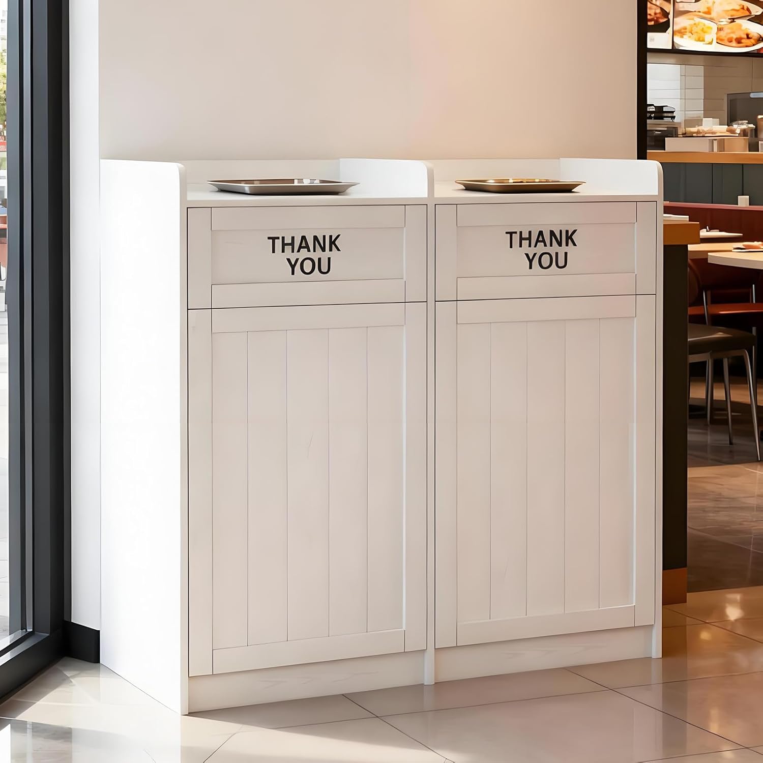Restaurant Trash Can Cabinet Double 40 Gallon Wooden Commercial Trash Can with Tray Holder Large Garbage Cabinet for