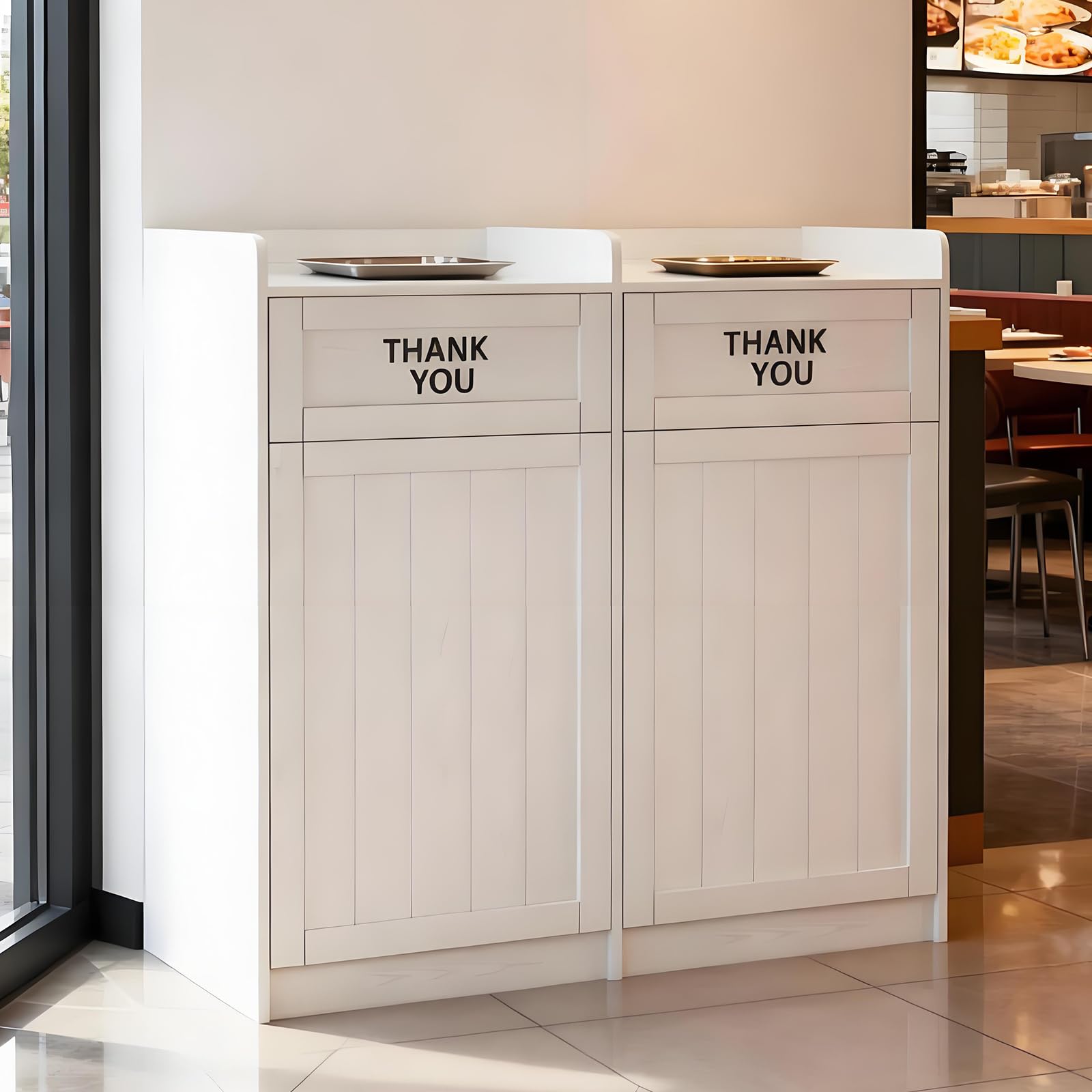 Restaurant Trash Can Cabinet Double 40 Gallon Wooden Commercial Trash Can with Tray Holder Large Garbage Cabinet for