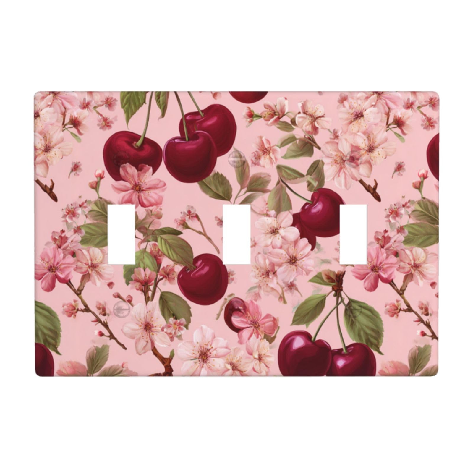 Cherry On Pink Pattern Light Switch Covers 3 Gang Triple Toggle Wall Plate Switchplate Electrical Faceplate for Bathroom Kitchen Bedroom Decor