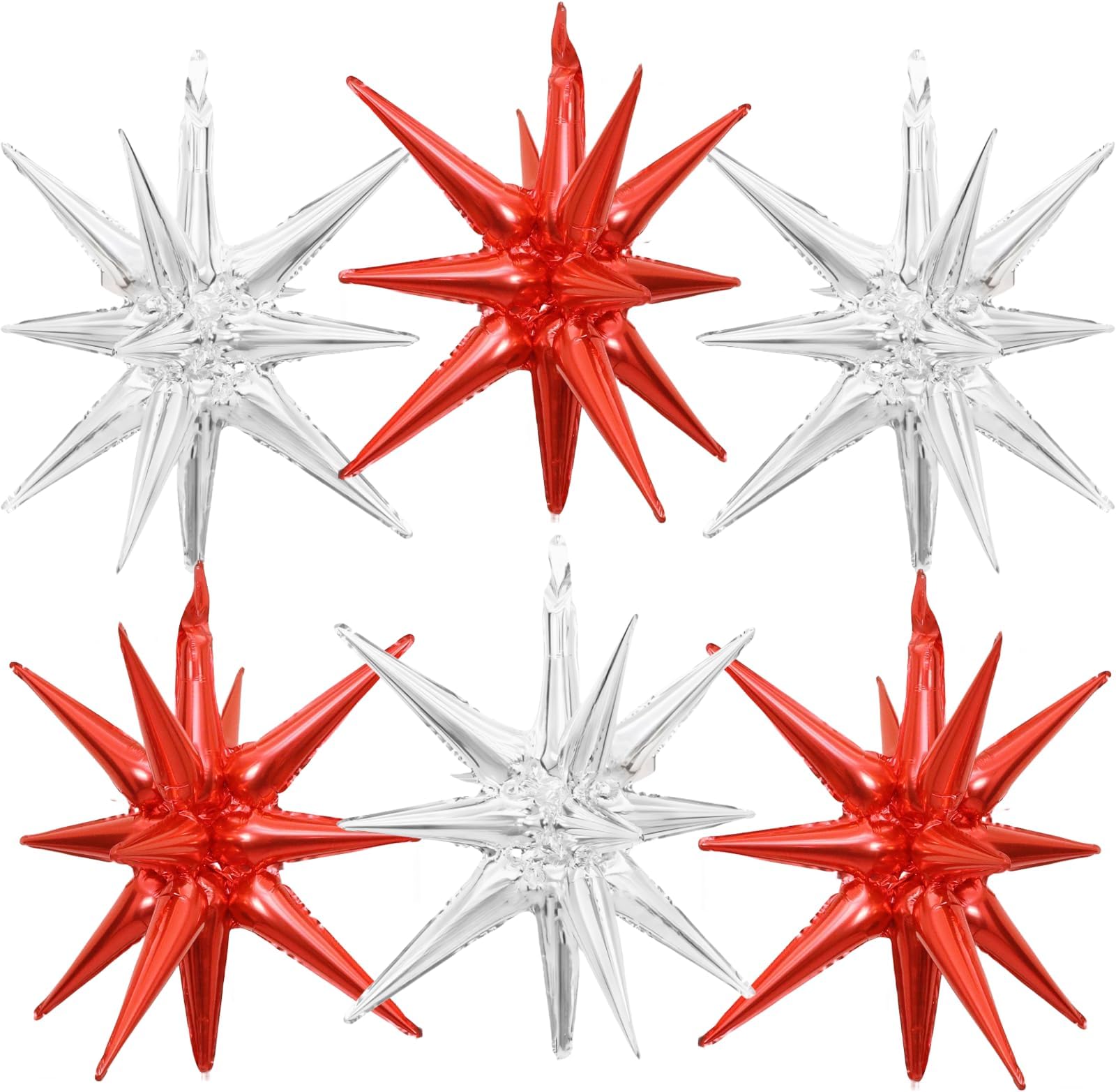 6 Pieces 27 Inches Silver Red Star Explosion Balloons, Large 14-Pointed One-Piece Cone Stars Fireworks Aluminum Foil Balloons for Halloween Birthday Graduation New Year Backdrop Party Decorations