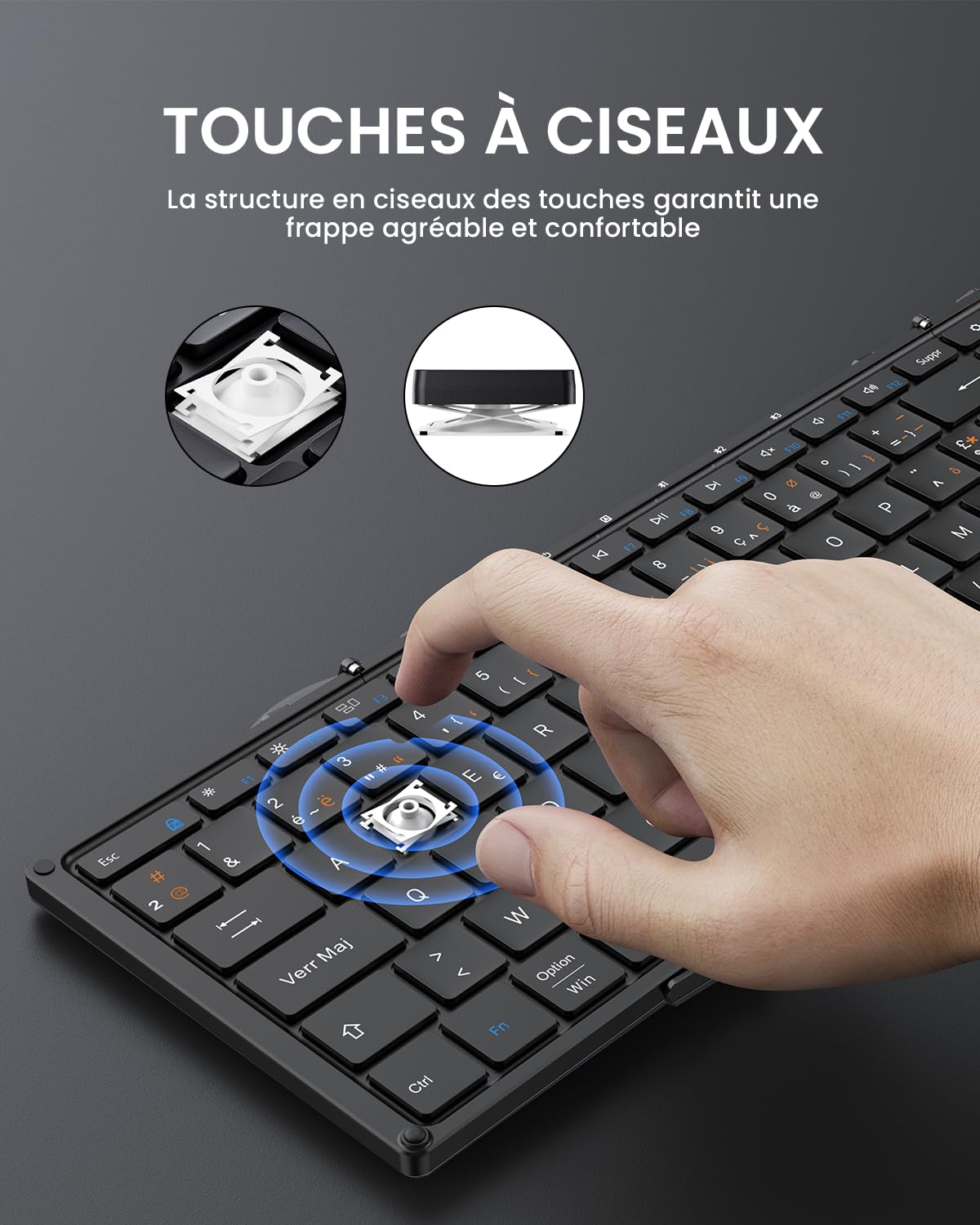 ProtoArc XK01 Clavier Bluetooth Pliable AZERTY avec Pavé Numérique | 105 Touches, 3 Appareils Bluetooth, Rechargeable, Compatible avec Android Windows iOS Téléphone Tablette iPad