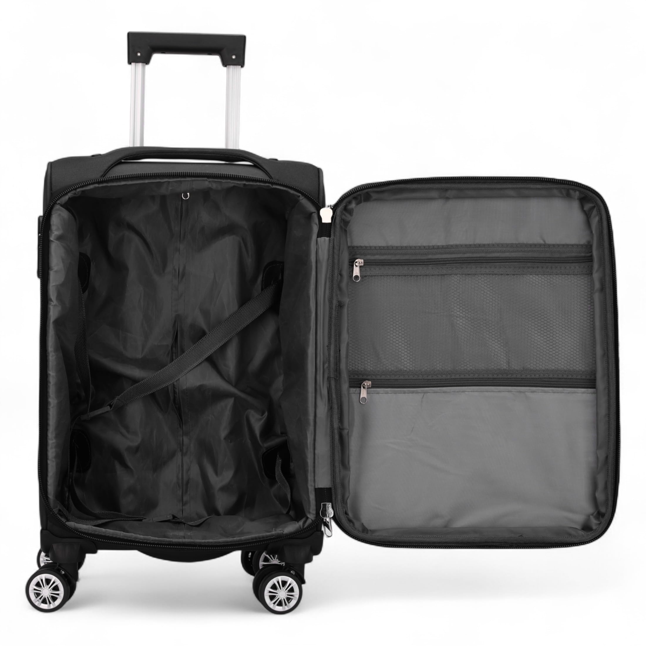Infinity Leather Rozszerzalne zestawy bagażowe miękka skorupa lekki nylonowy wózek podróżny walizka kabinowa torby wakacyjne walizka, Czarny, S(58cm 43L), Bagaż podręczny