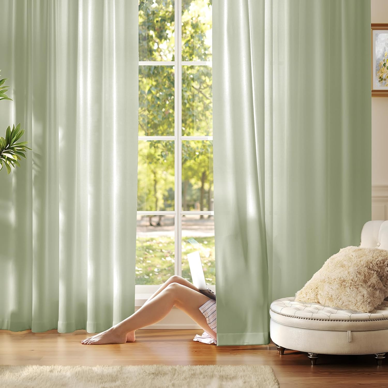 Anmao Non-See-Through Sage Green Privacy Semi Sheer Curtains for Living Room 96 Inch Length 2 Panels Set, Light Filtering That Let Light in Rod Pocket Window Drapes for Bedroom, 52W x 96L, Sage 52"W x 96"L (Pack of 2) Sage Green