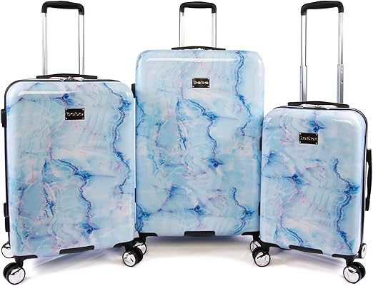review bebe Women's Ada 3pc Spinner Suitcase Set, Blue Marble