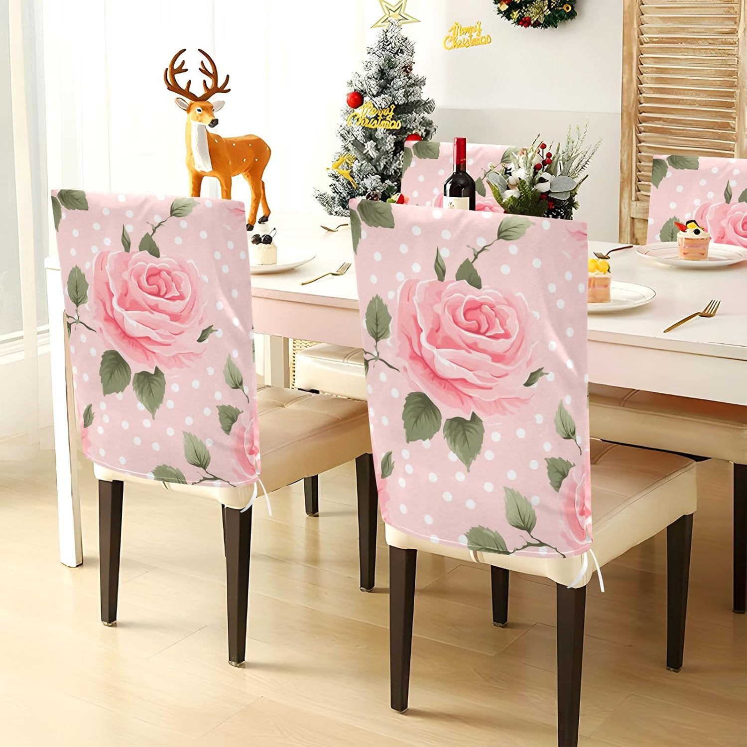 ALAZA Rose Polka Dots Vintage Chair Back Cover Set of 6, Washable Reusable Removable Chair Slipcovers Decorative Chair Cover for Home Kitchen Wedding Party