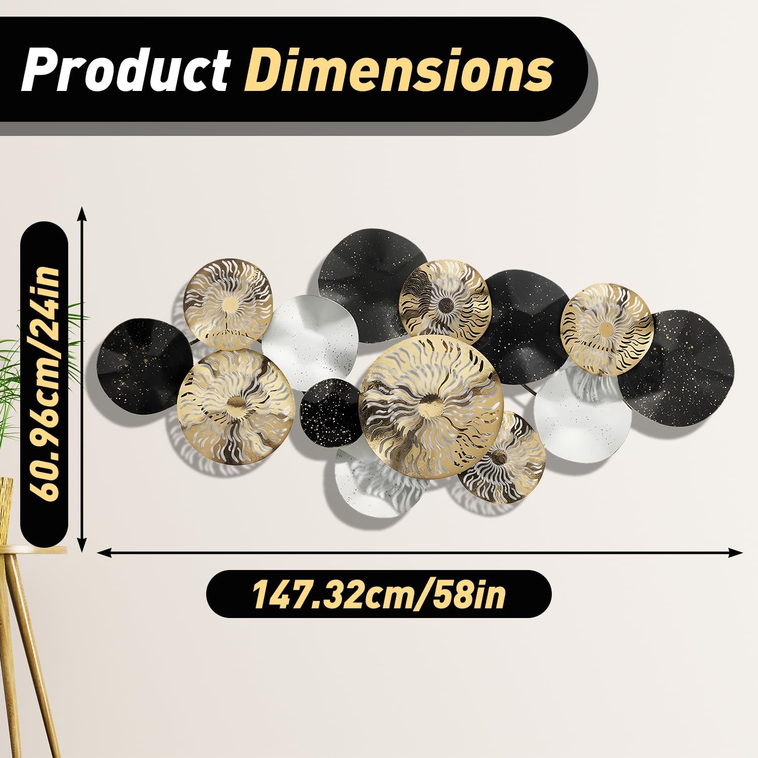 ZZYYZZ 大型抽象メタルウォールアート、58インチ x 24インチのモダンな