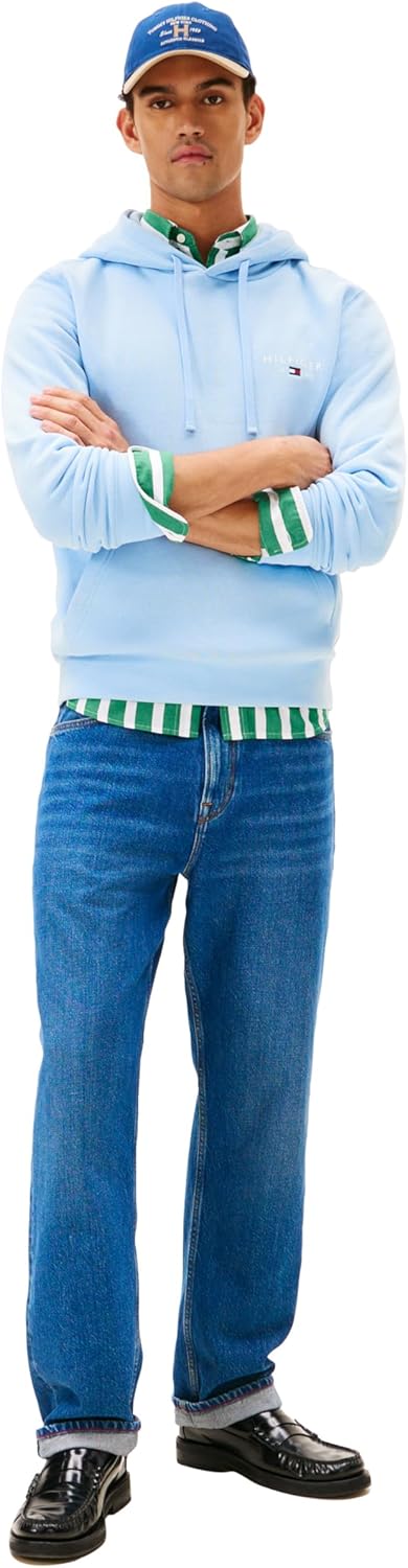 Tommy Hilfiger Men's Medium Weight Cotton Hoodie Sweatshirt With Embroidered Flag Logo and Drawstring