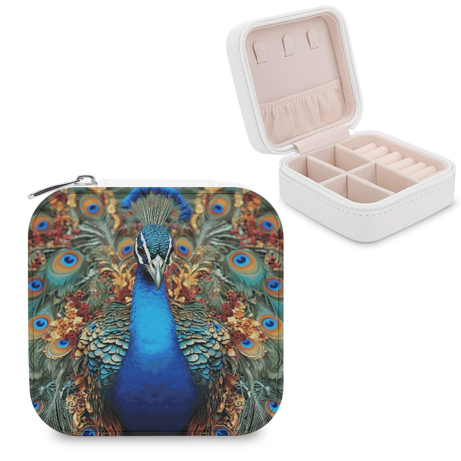 VstaDank Elegant Peacock Jewelry Box Portable Mini Travel Case Display Storage Holder Boxes PU Leather Small Jewelry Organizer for Women for Stud Earrings Rings Necklaces Bracelets
