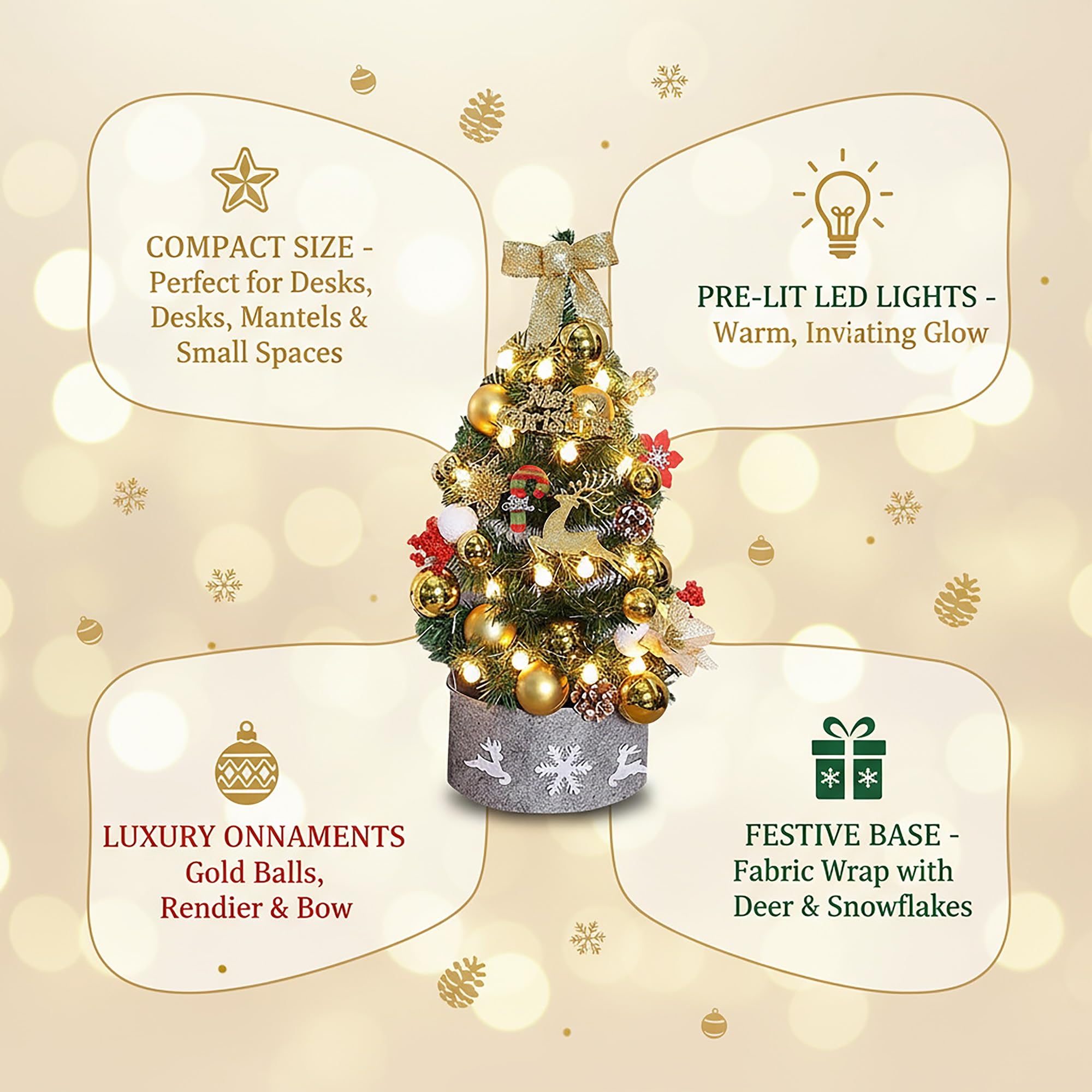 Mini Albero di Natale con Luci LED – Albero da Tavolo Oro o Rosso (30–90 cm)(Red,60CM)