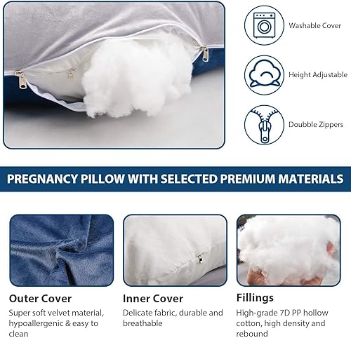 Miniatura 3 de Elover Almohada de embarazo imprescindible en forma de U, almohada de apoyo de maternidad de cuerpo completo para mujeres embarazadas con funda de