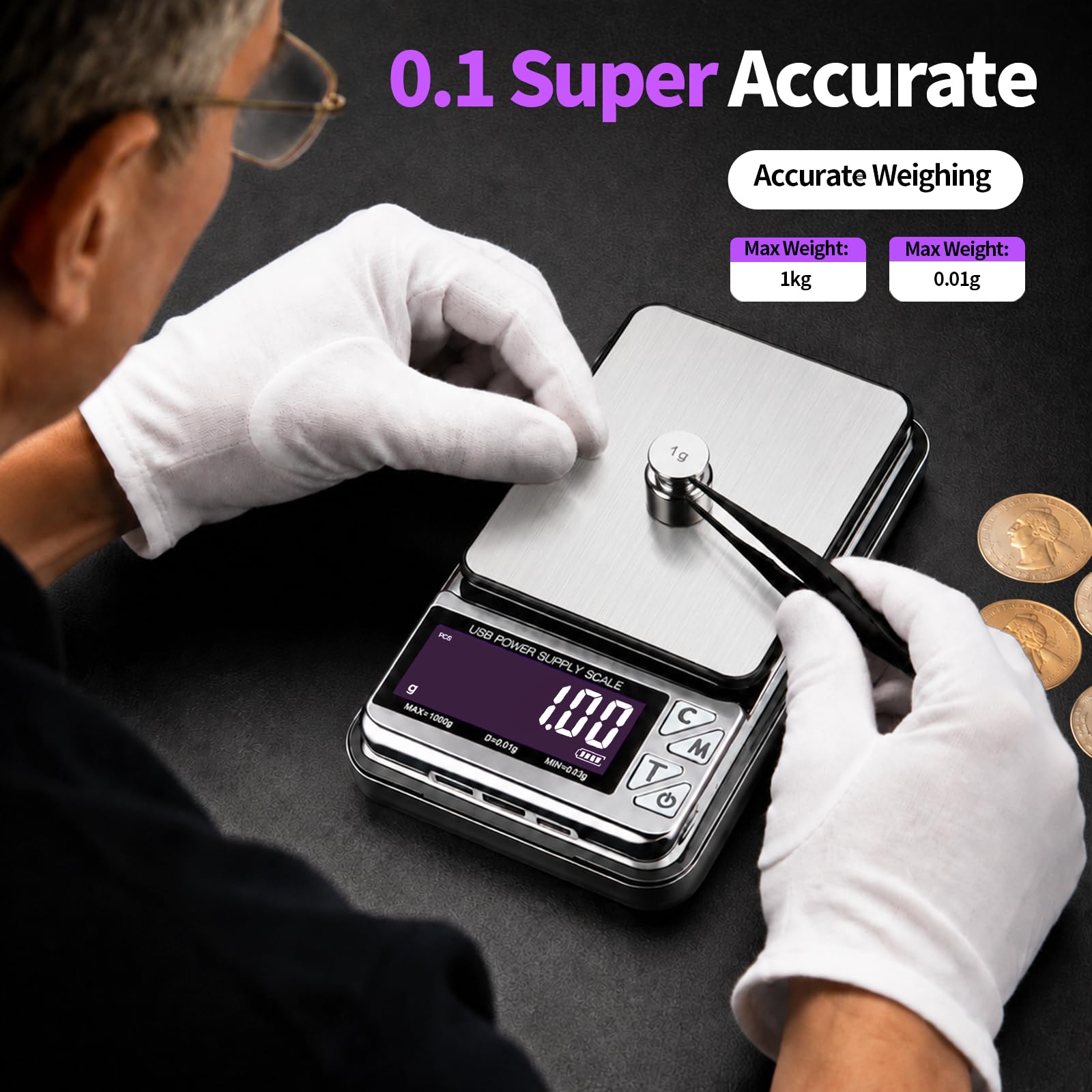 Báscula de monedas, báscula de joyería de 1000 g x 0,01 g con 7 unidades y 3 interfaces de carga, báscula digital portátil de bolsillo para coleccionistas de monedas, joyeros, oro, dólar plateado