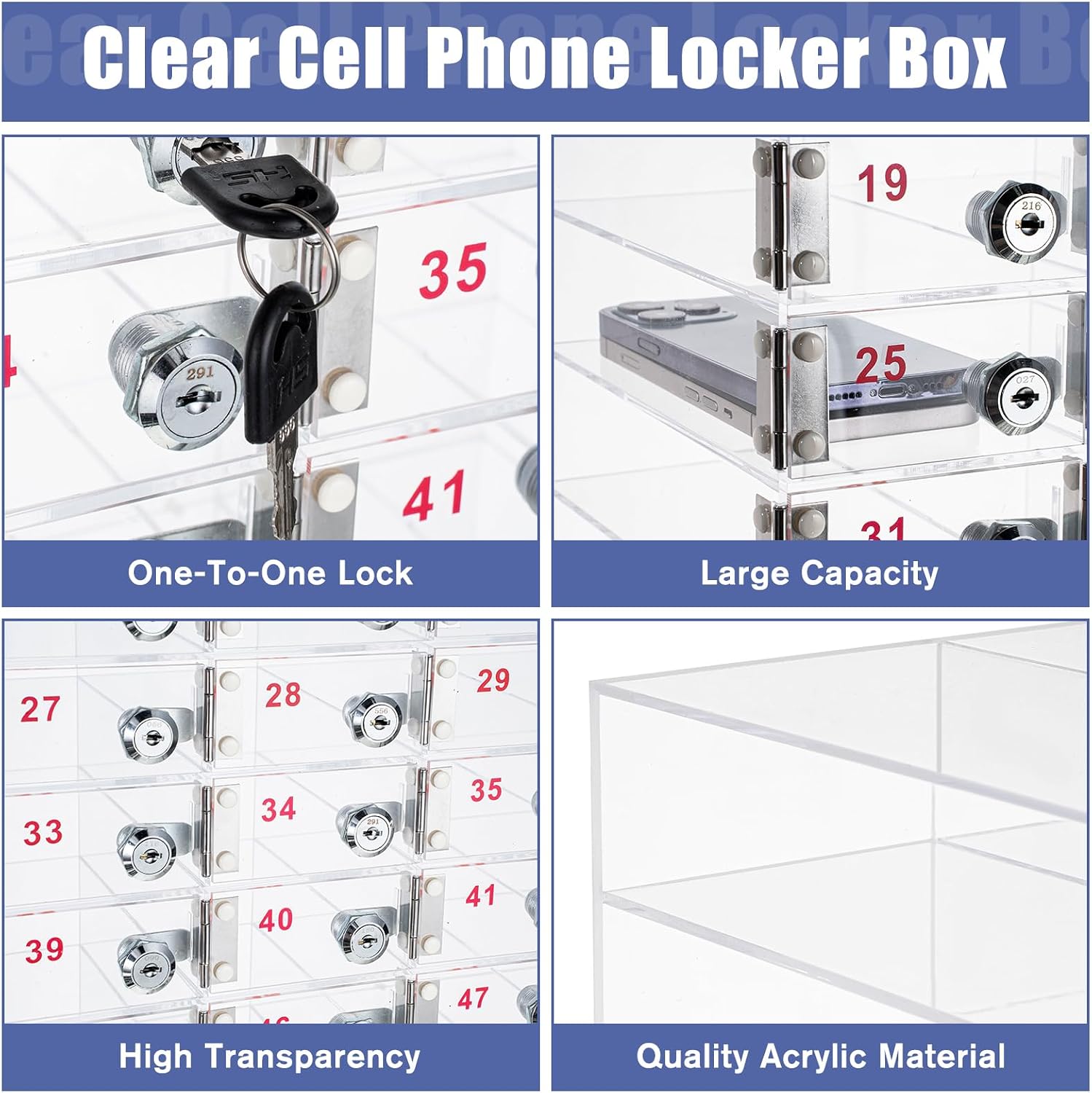 Layhit 50 Slots Cell Phone Locker Box for Classroom Clear Acrylic Cell Phone Storage Cabinet Bin with Door Locks for Classroom School Students Office Factory Employees