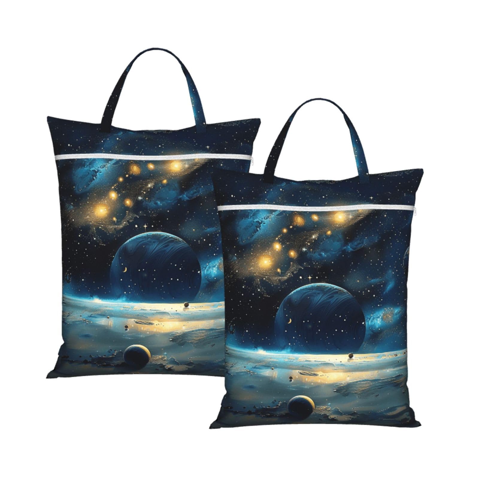 Large Travel Laundry Bags,moon stars and planets Print with Handle Foldable Laundry Bag for Holidays Gym Swimming and Family Trips, 2Pcs