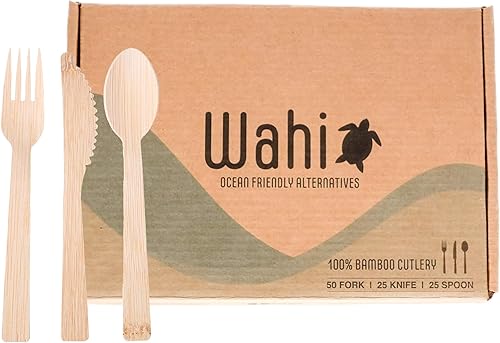 WAHI HAWAII - Juego de cubiertos de bambú de 100 piezas, desechables, 100% compostables, ecológicos, biodegradables, similares a la madera, natural