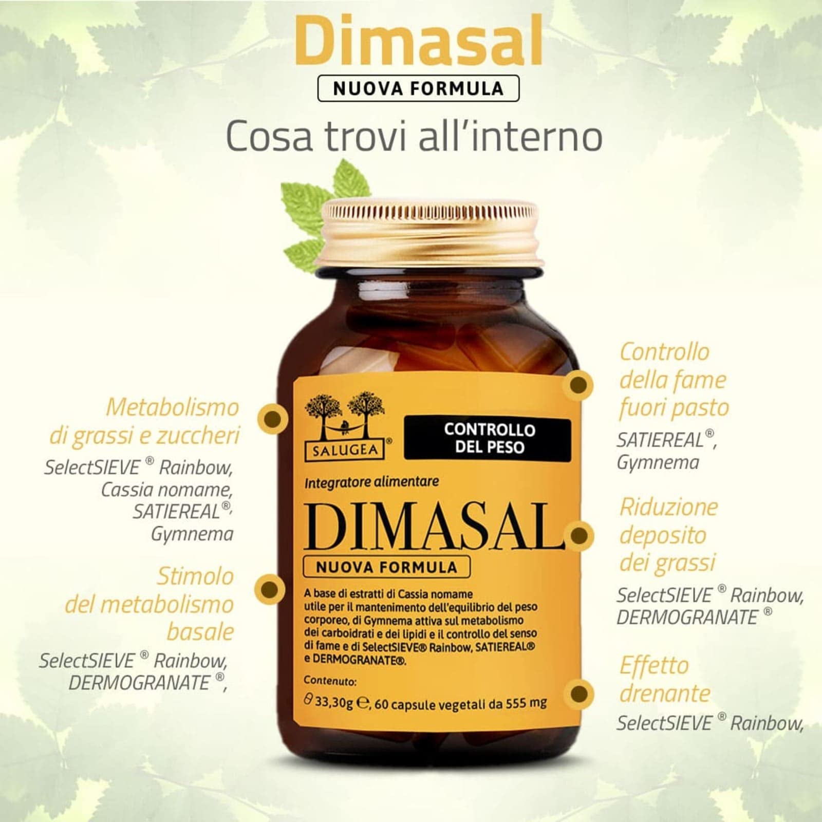 Dimasal Nuova Formula Salugea - Integratore per il controllo del peso forma, fame nervosa e metabolismo - SENZA ALGHE MARINE E CAFFEINA. 60 capsule in flaconi vetro scuro - 100% naturale