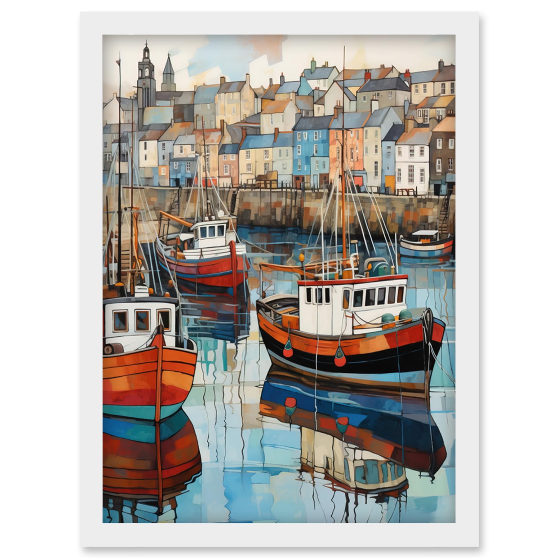 Artery8 Newlyn Harbour Trawler Boats Promenade Watercolour Painting Cornwall Coastal Townscape Artwork Framed Wall Art Print A4