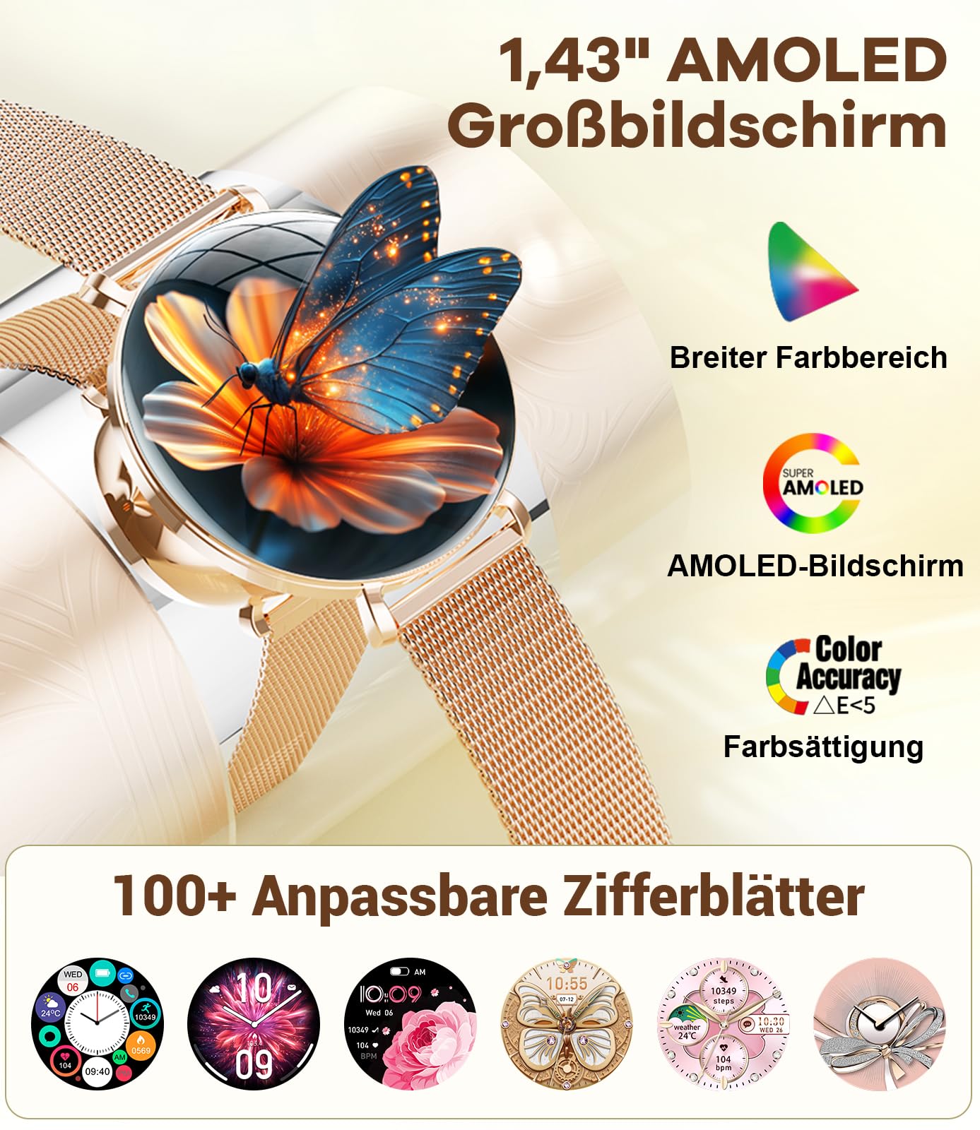 LIGE Smartwatch 2025 voor dames, 1,43 inch AMOLED-HD-display, roségoud, met telefoonfunctie, menstruatiecyclus/hartslag, IP68 waterdicht, 120 sportmodi, voor Android iOS