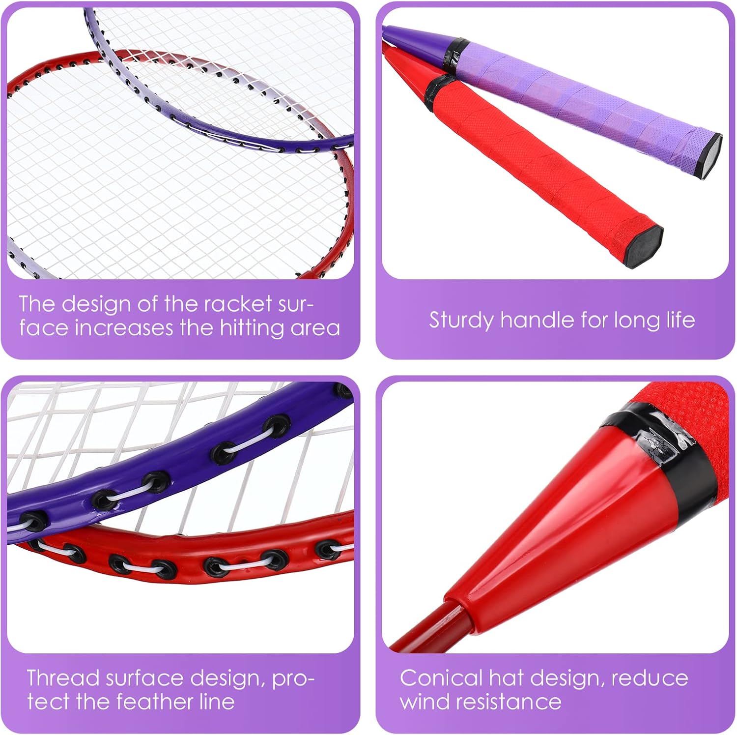 Meooeck 12 Pcs Badminton Rackets Set for Adults and Teenagers Badminton Set with 12 Pcs Nylon Shuttlecocks for Backyard Gym Beach Outdoor Games, Red, Purple and Blue image 3 of 6 B0BZDFTY7D