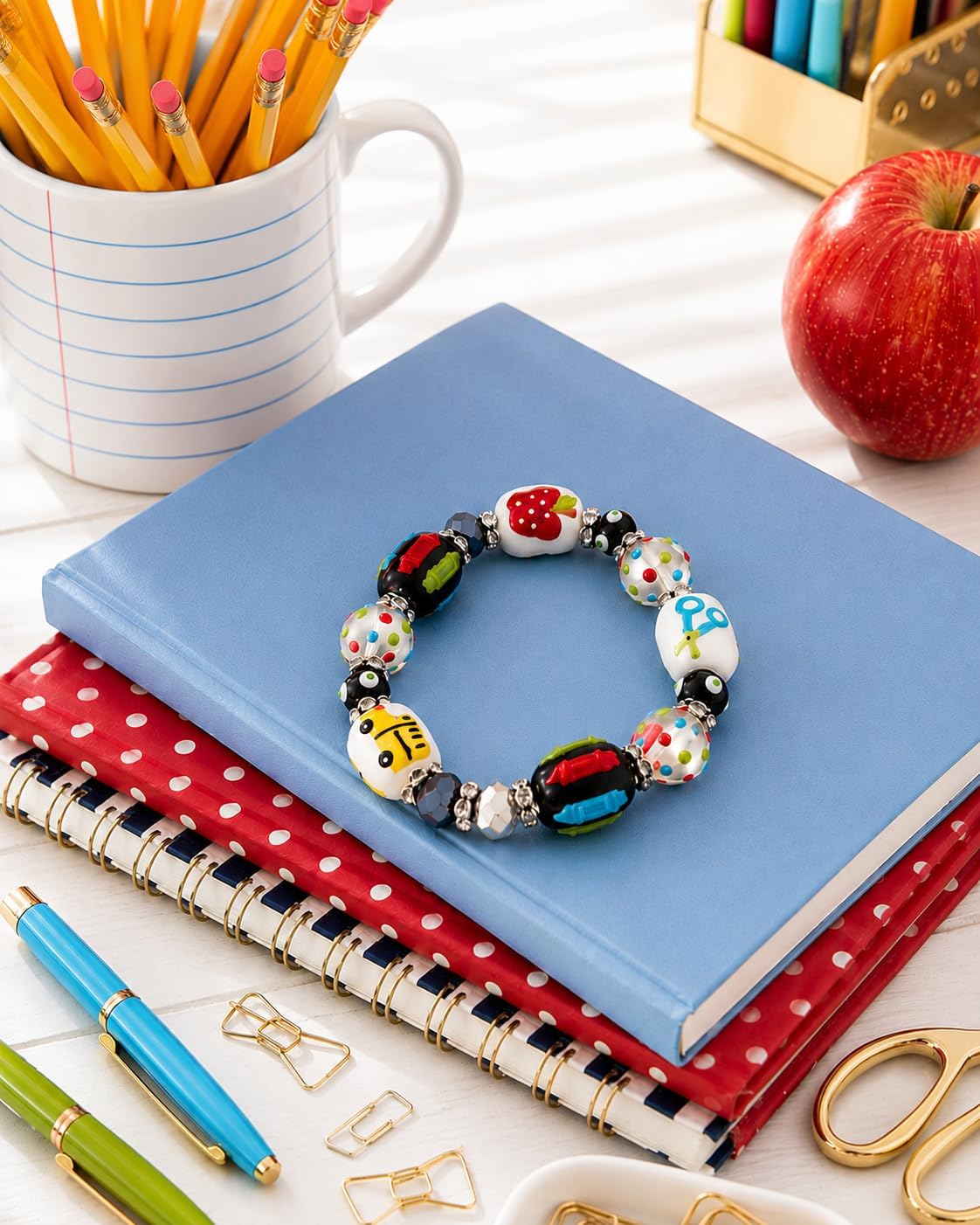 Kate & Macy Terrific Teacher Beaded Stretch Bracelet for Women | Handpainted school-themed beads celebrate teachers with colorful classroom-inspired charm and cheerful style