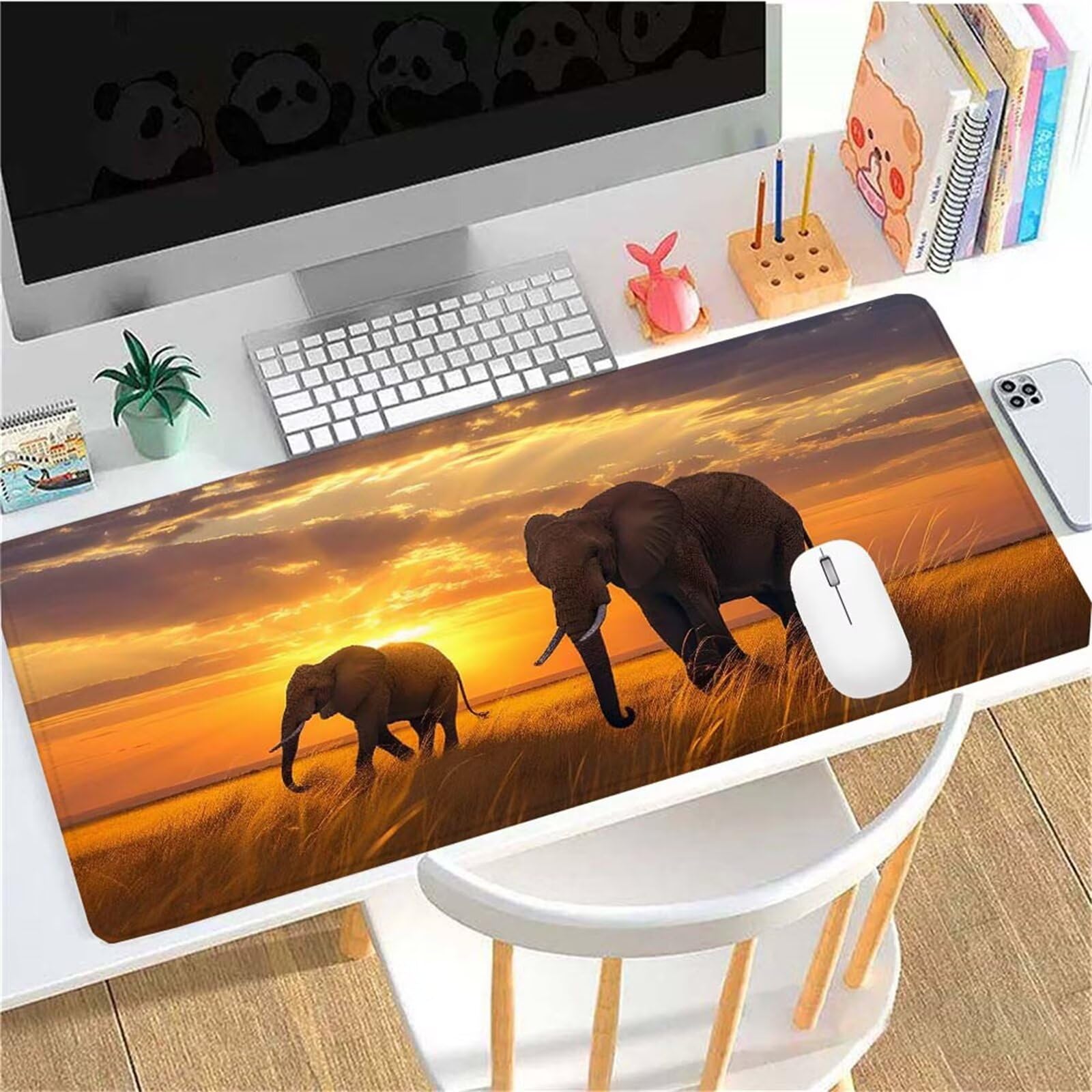 Alfombrilla Ratón Atardecer Elefante Alfombrilla Ratón XXL 1400x600x3mm Mouse Pad Resiste Salpicaduras, Extendida de Gran Tamaño con Bordes Cosidos, Mejora la Precisión y la Velocidad, Regalo y-303