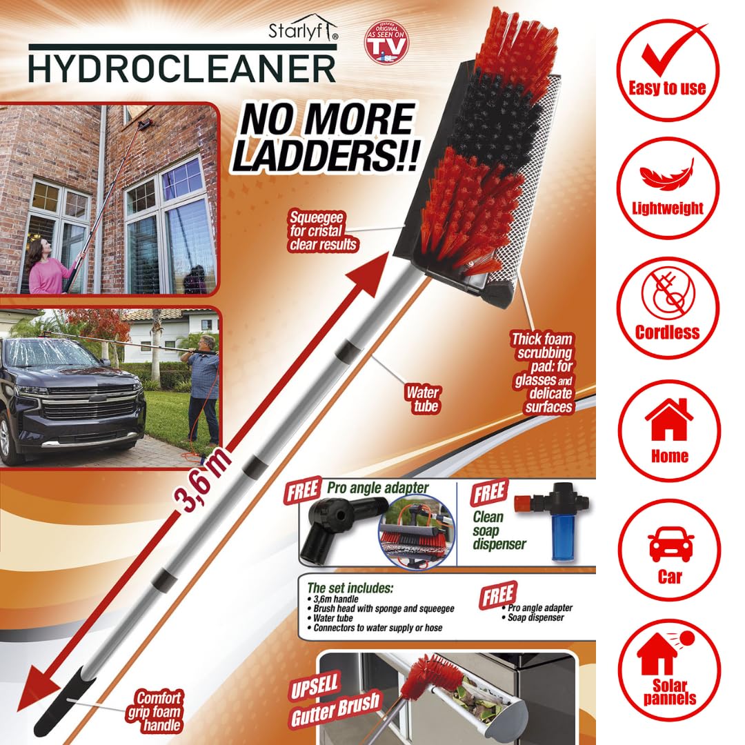 STARLYF Balai de nettoyage Hydrocleaner 3,6 m + serviette à séchage rapide, alimenté par eau, doseur de savon, nettoyage des panneaux solaires, lavage de camions, bus, voitures, plafonds