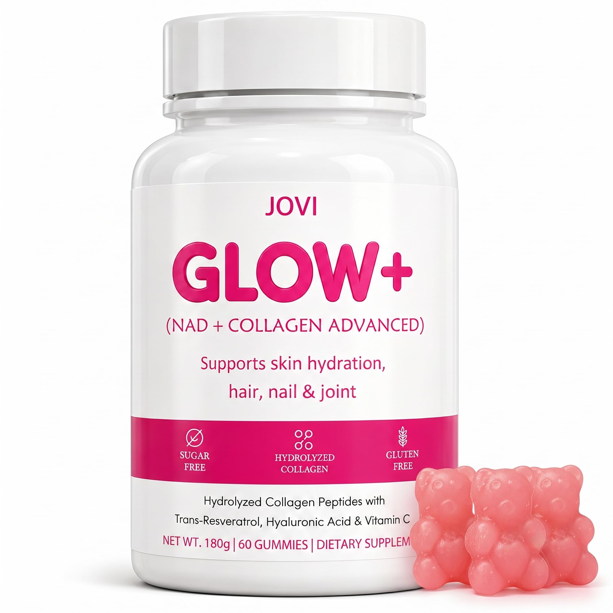 Jovi Glow+ NAD+ Hydrolyzed Collagen Gummies for Women, Skin Hair Nails