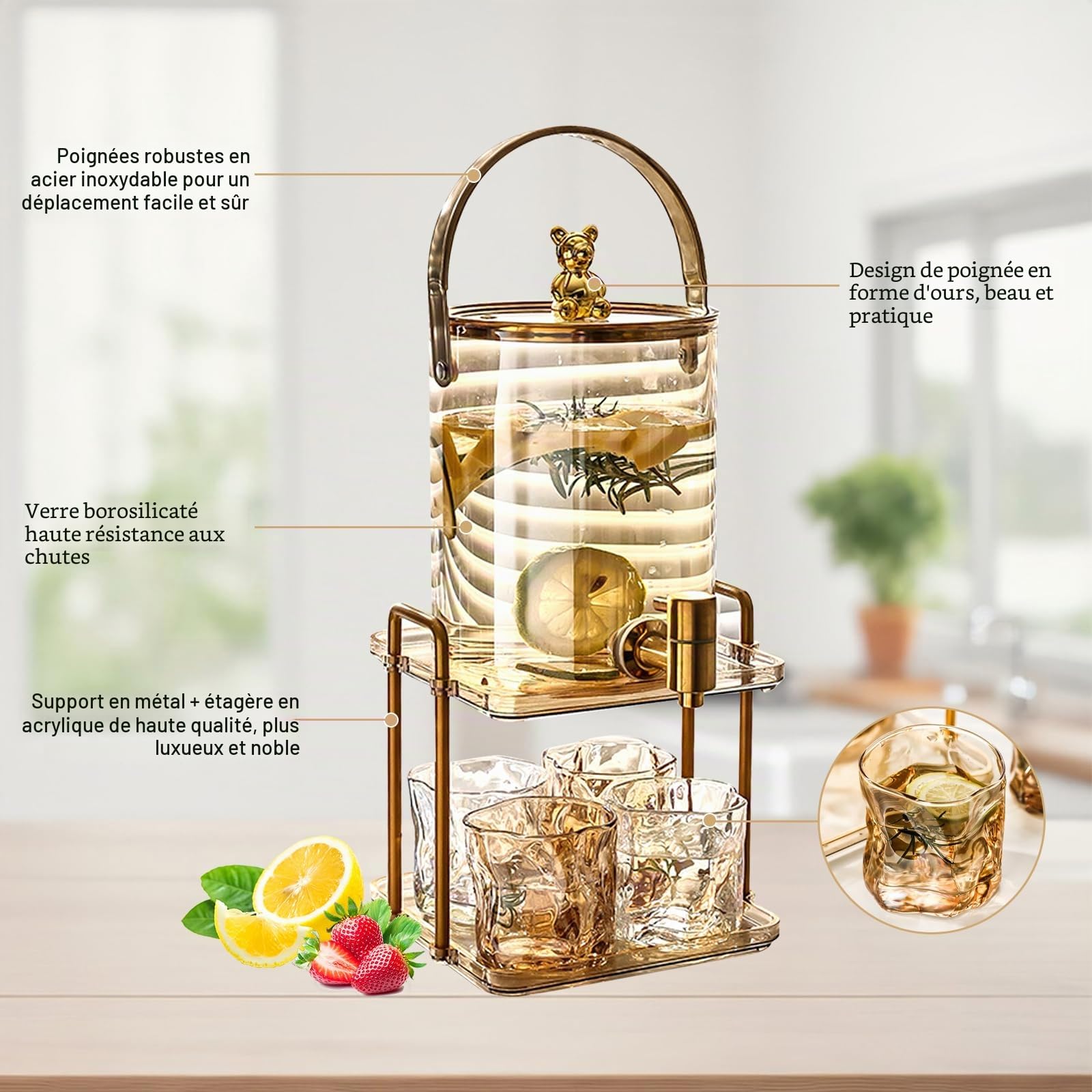 Distributeur de boissons glacées en verre avec robinet en acier inoxydable et support Distributeur d'eau pour boissons froides avec 4 verres Distributeur de boissons limonades pour fêtes,