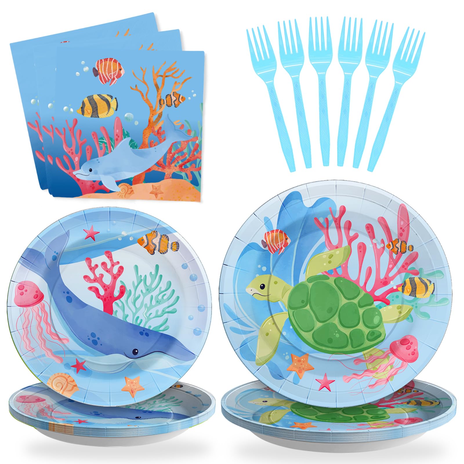 SCIONE 96PCS Ocean Under the Sea Party Plates and Napkins with Tropical fish Sharks Dolphins Party Supplies Underwater World Tableware Set, Ocean Themed Party Decorations for 24 Guests