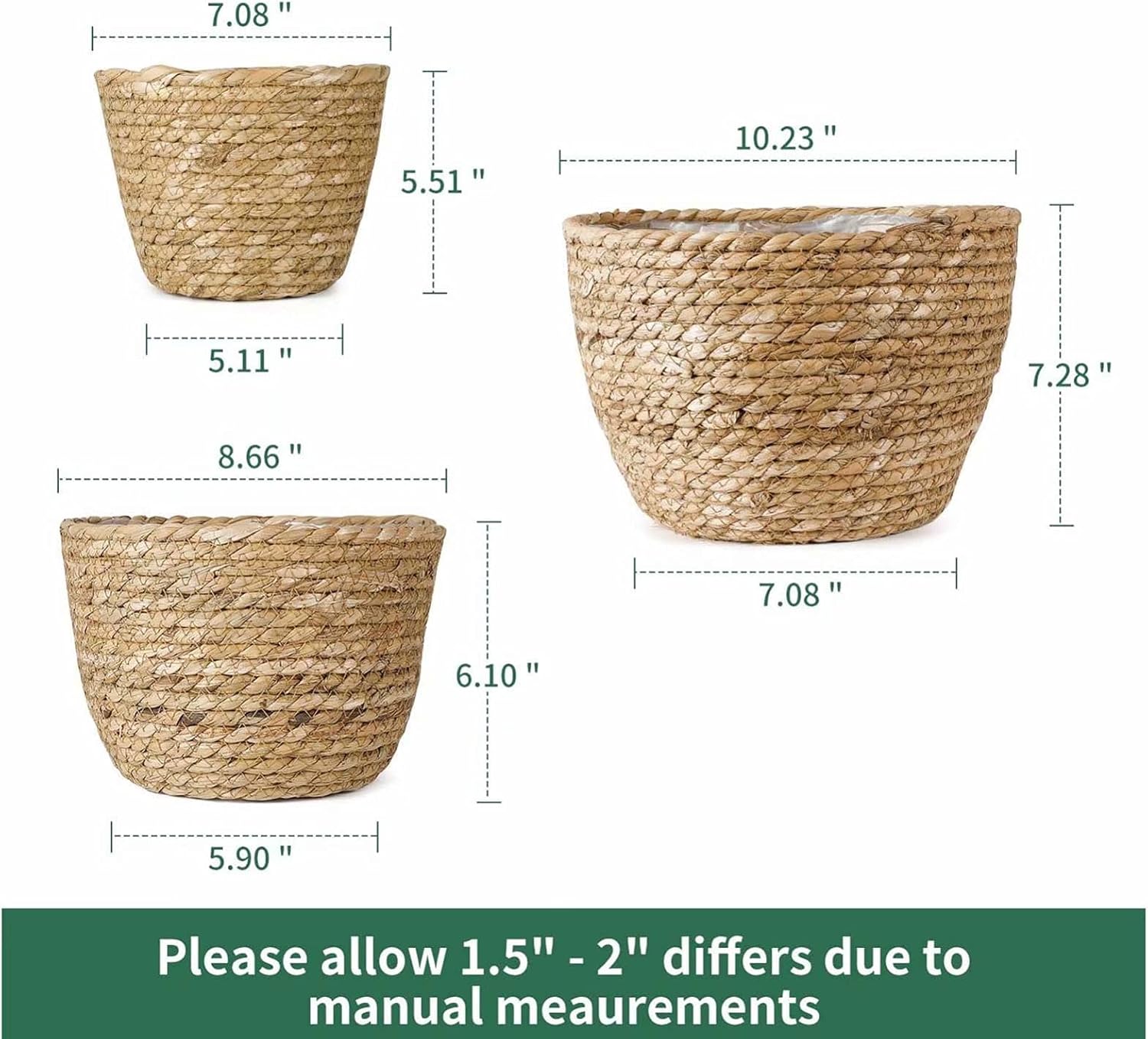 Seagrass Planter Basket 3 Set Handmade Woven Basket Indoor Outdoor Storage Basket Flower Pot Container with Waterproof Plastic Liner for Houseplants Succulents Orchid Modern Home Decor Brown