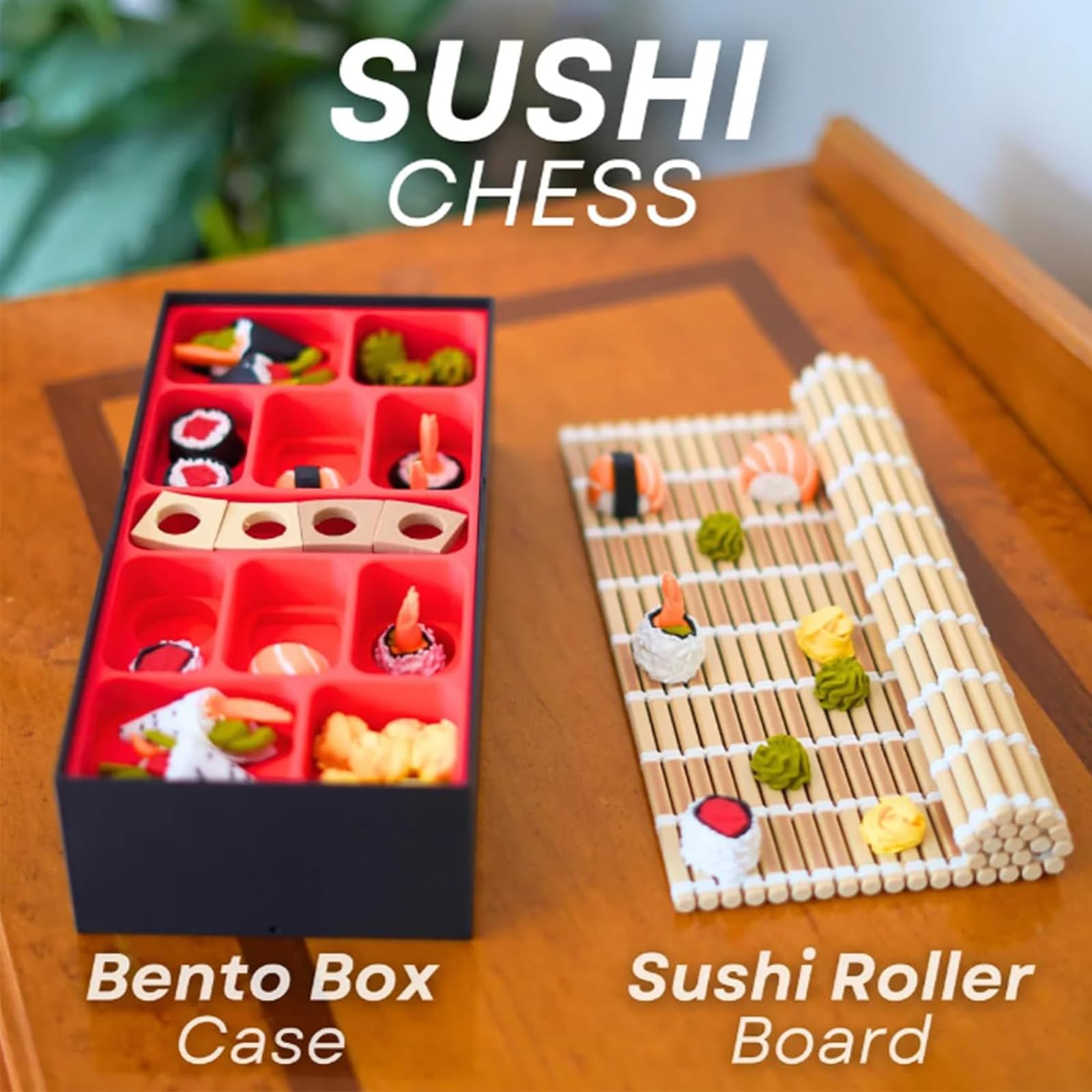 Il set di scacchi a tema sushi, scacchi a rulli sushi stampati in 3D | Esclusivo gioco di strategia per famiglie con cibo giapponese, con tappetino per rotolare e scatola per Bento, in scatola