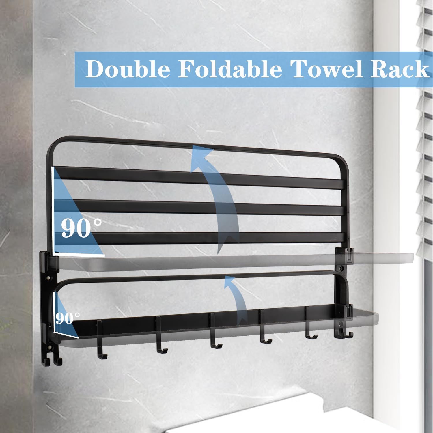 Towel Racks for Bathroom, Foldable Towel Shelf with Towel Bar & 7 Towel Hooks, Rustproof Double Bath Towel Holder Wall Mounted Towel Storage Hanger for Bathroom/Balcony/Lavatory(24In Black) Matte Black 24 IN+7 Hook