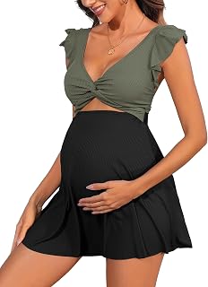 Charmo Ruffle Ribbed Maternity Swimsuit One Piece Cutout Pregnancy Bathing Suits Push Up Twisted Swimwear Swim Dress