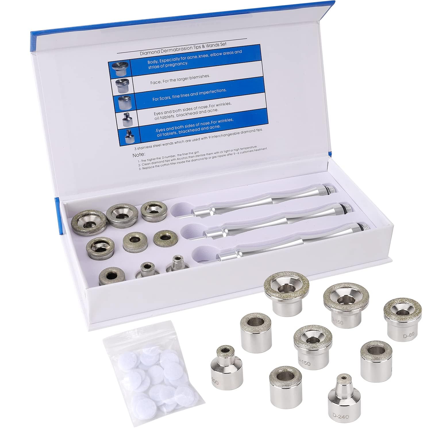 Diamond Dermabrasion Set – 9 Precision Replacement Tips, 3 Premium Wands & Soft Cotton Filters for Face & Body Rejuvenation