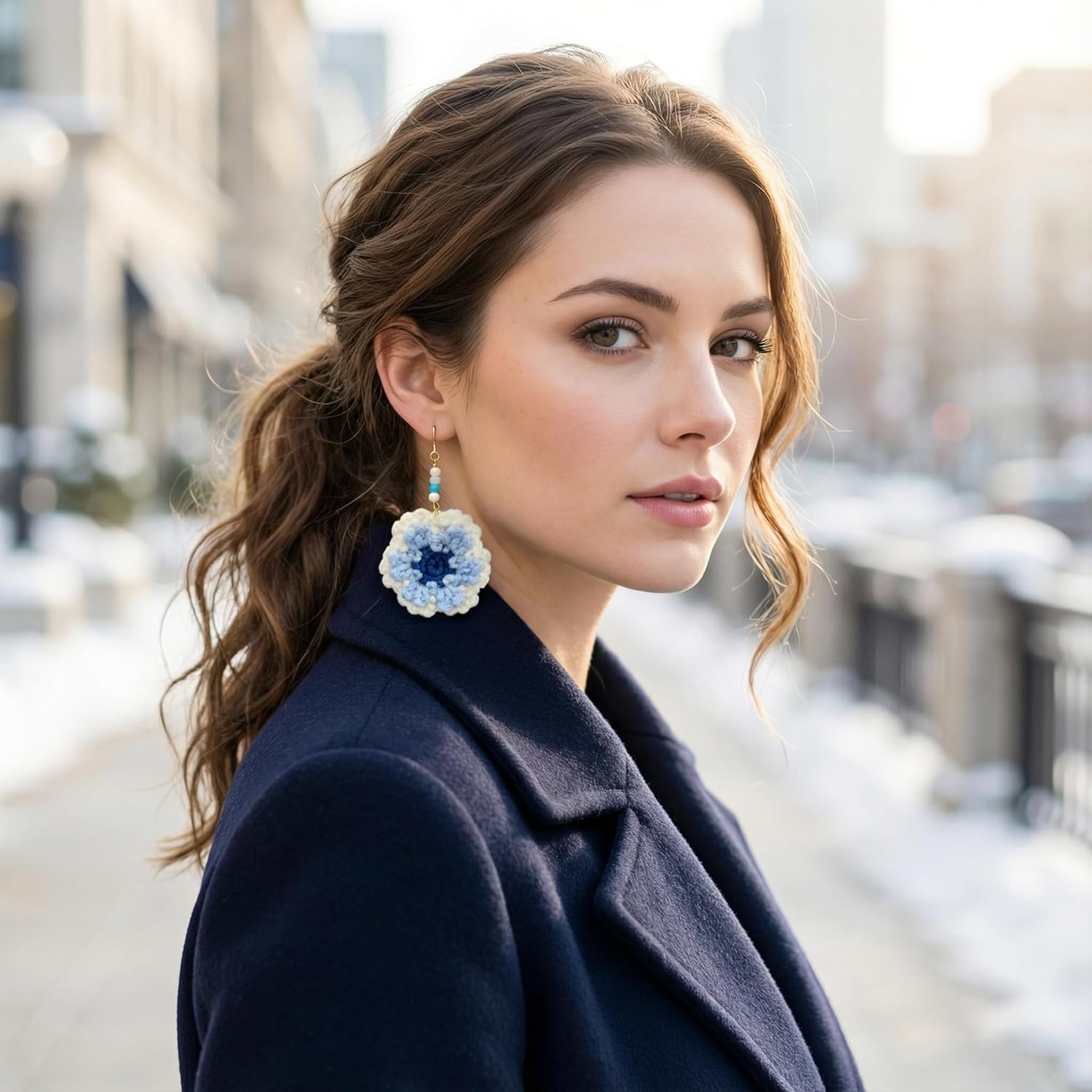 Azure Bloom Crochet Flower Earrings – Handmade Blue & White Floral Dangles, Lightweight Statement Earrings with 18K Gold-Plated Sterling Silver Hooks, Soft Winter Crochet Aesthetic, Gift for Women – KnitAra Handmade Magic - Image 3